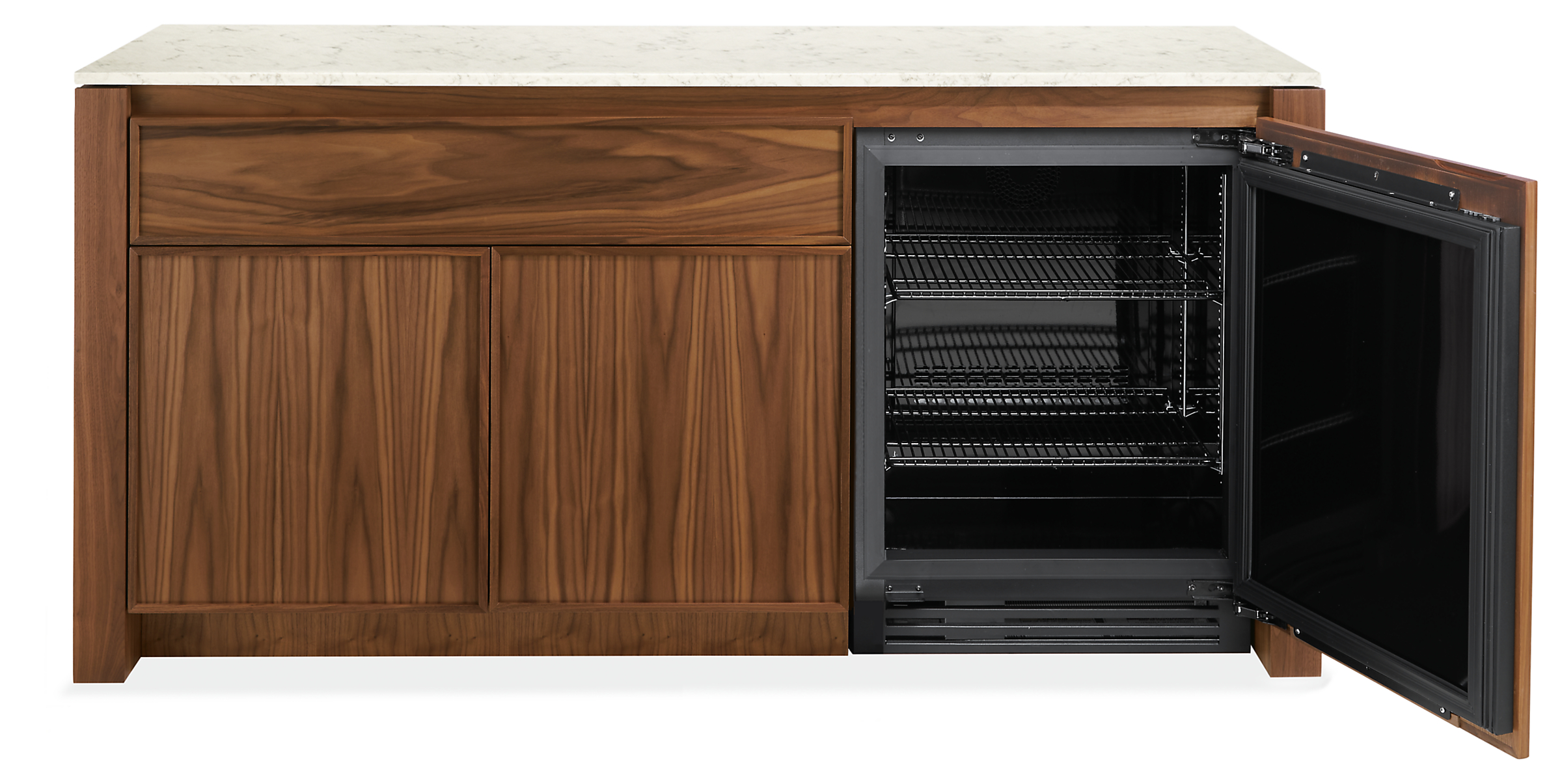 Amherst 72-wide Storage Cabinet with Refrigerator in walnut.