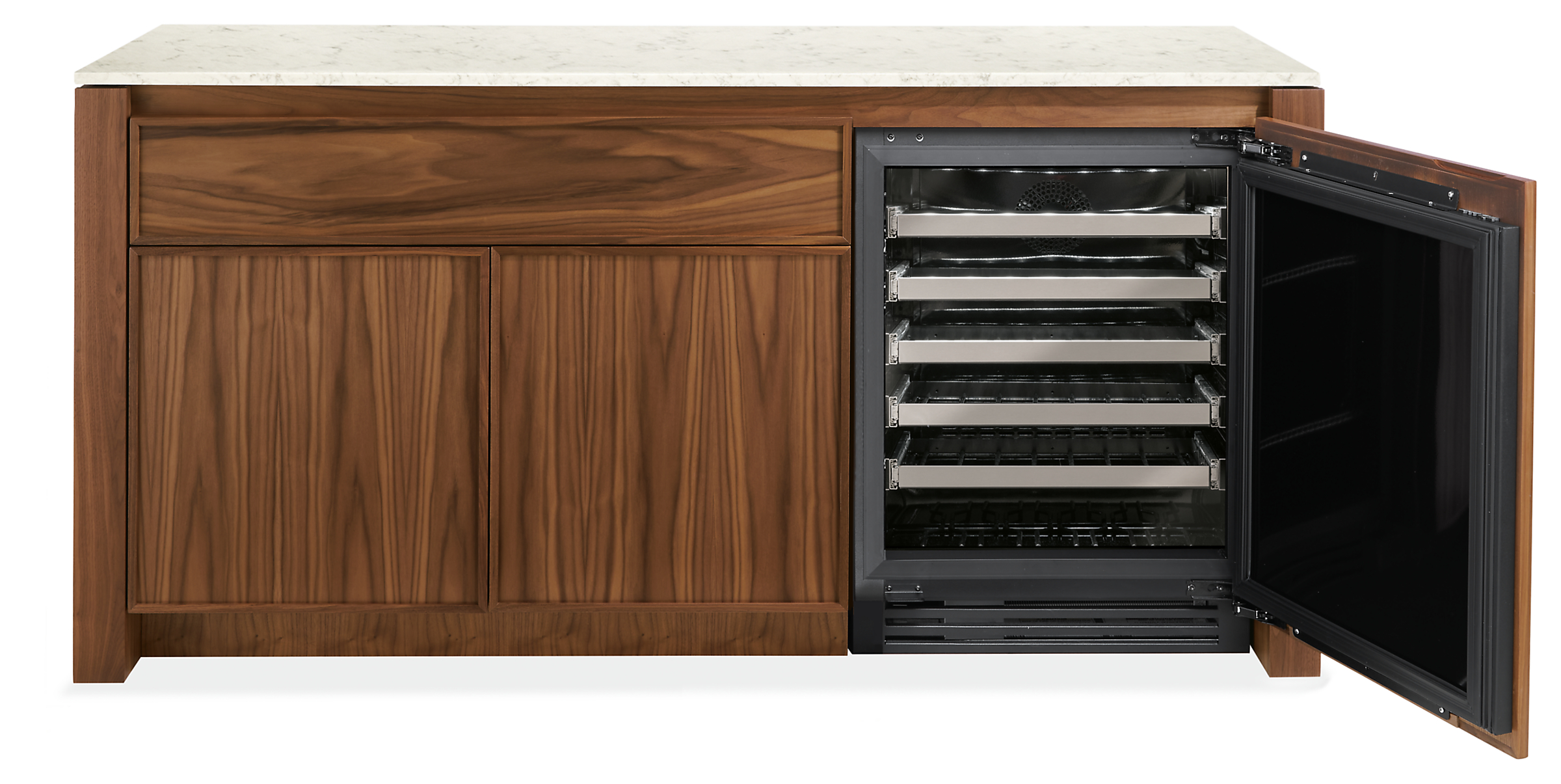 Amherst 72-wide Storage Cabinet with Wine Refrigerator in walnut.