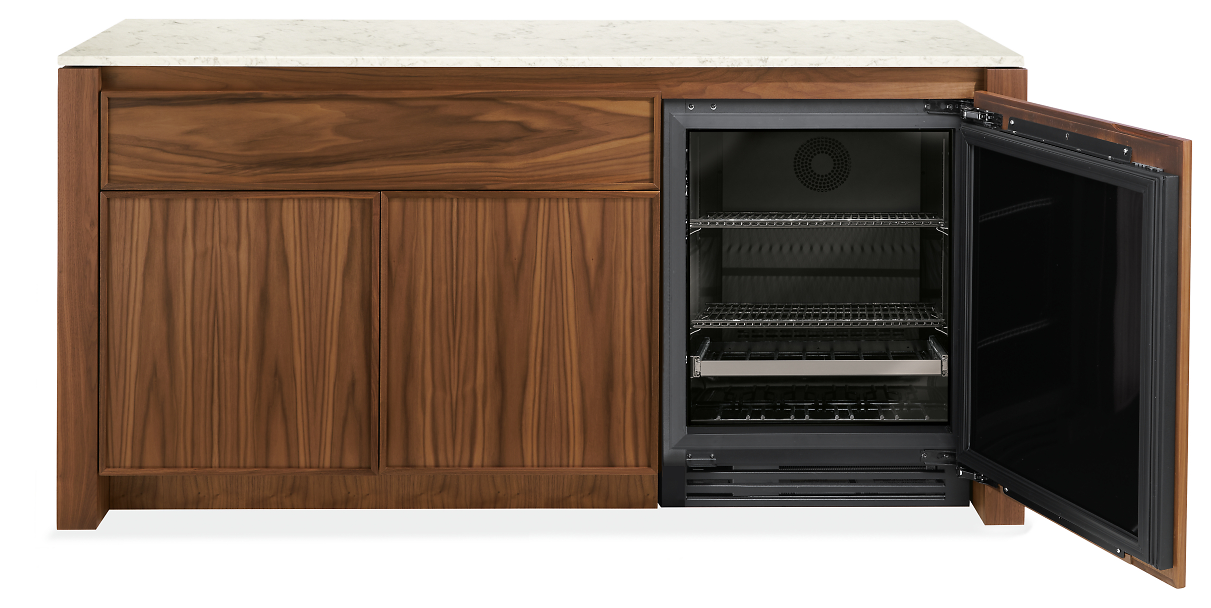 Amherst 72-wide Storage Cabinet with Beverage Refrigerator in walnut.