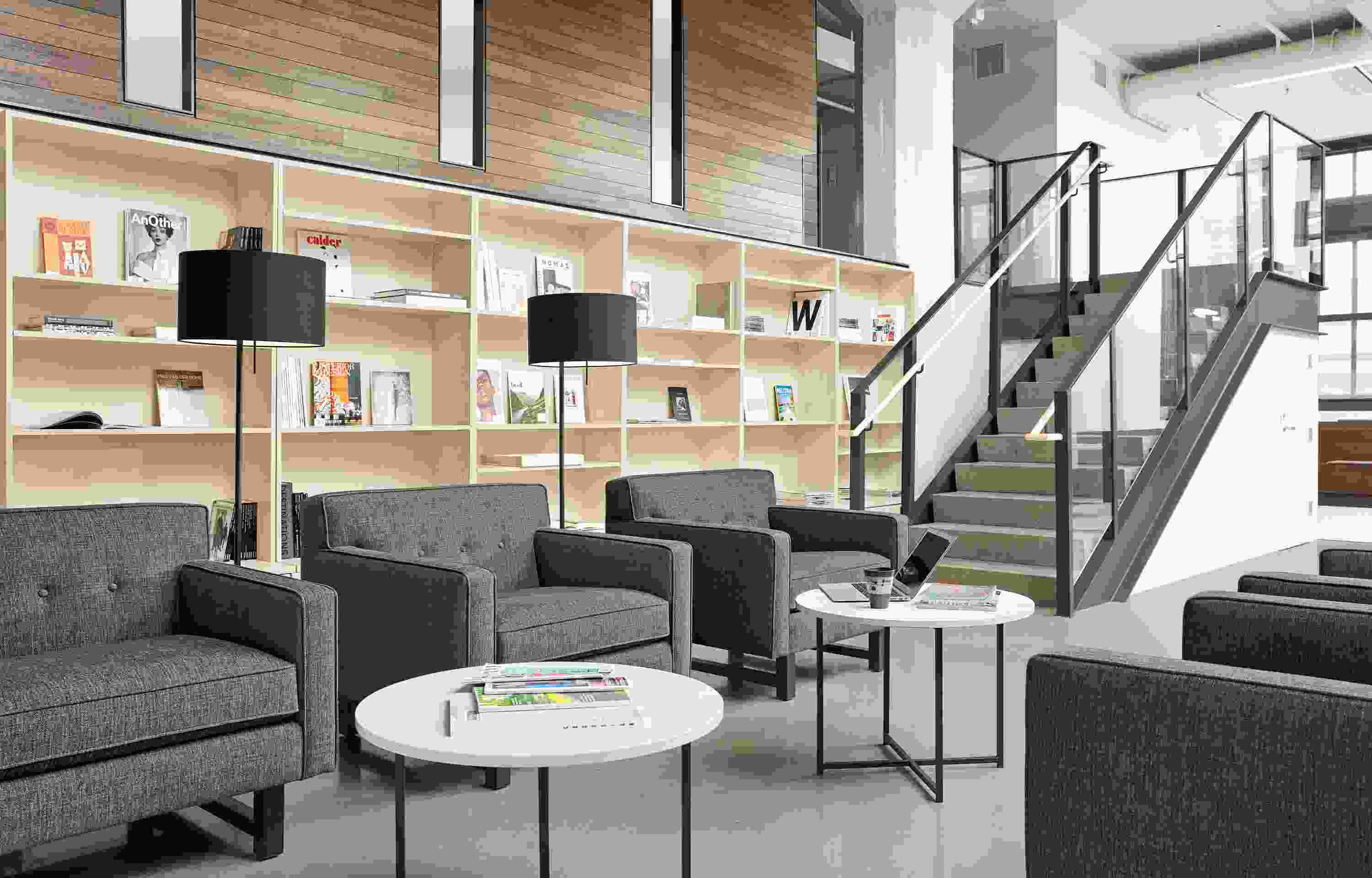 Detail view of three Andre chairs in modern lobby.
