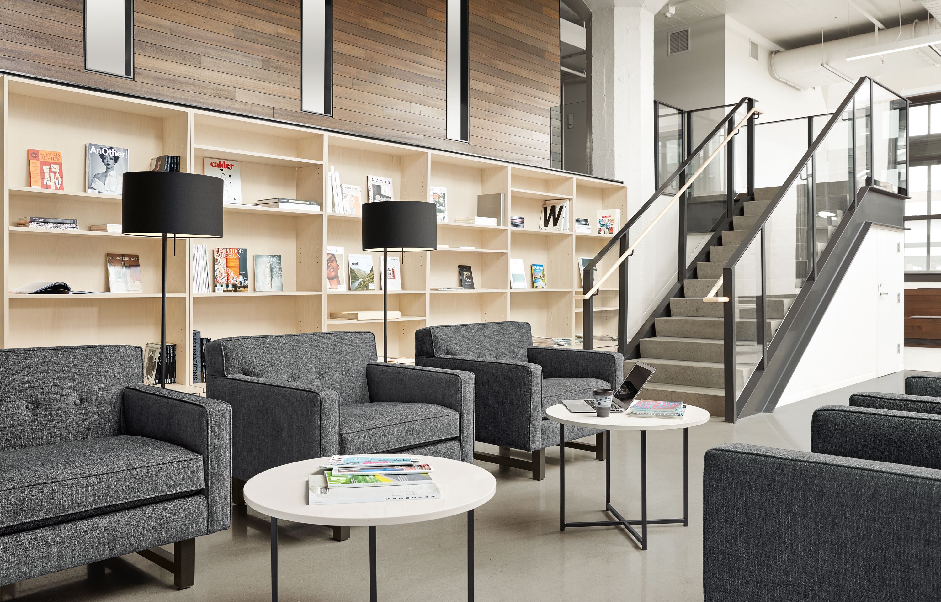 Detail view of three Andre chairs in modern lobby.