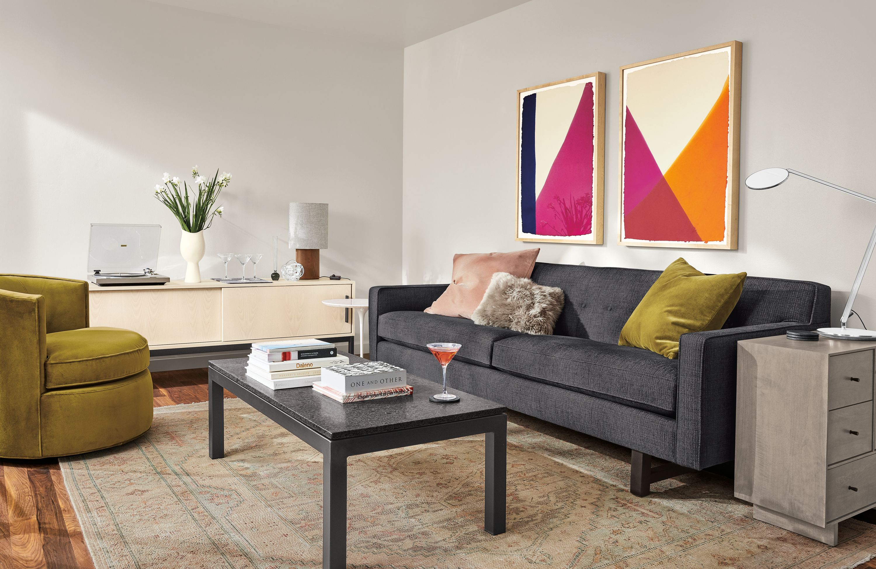 Andre sofa in ink fabric in living room.