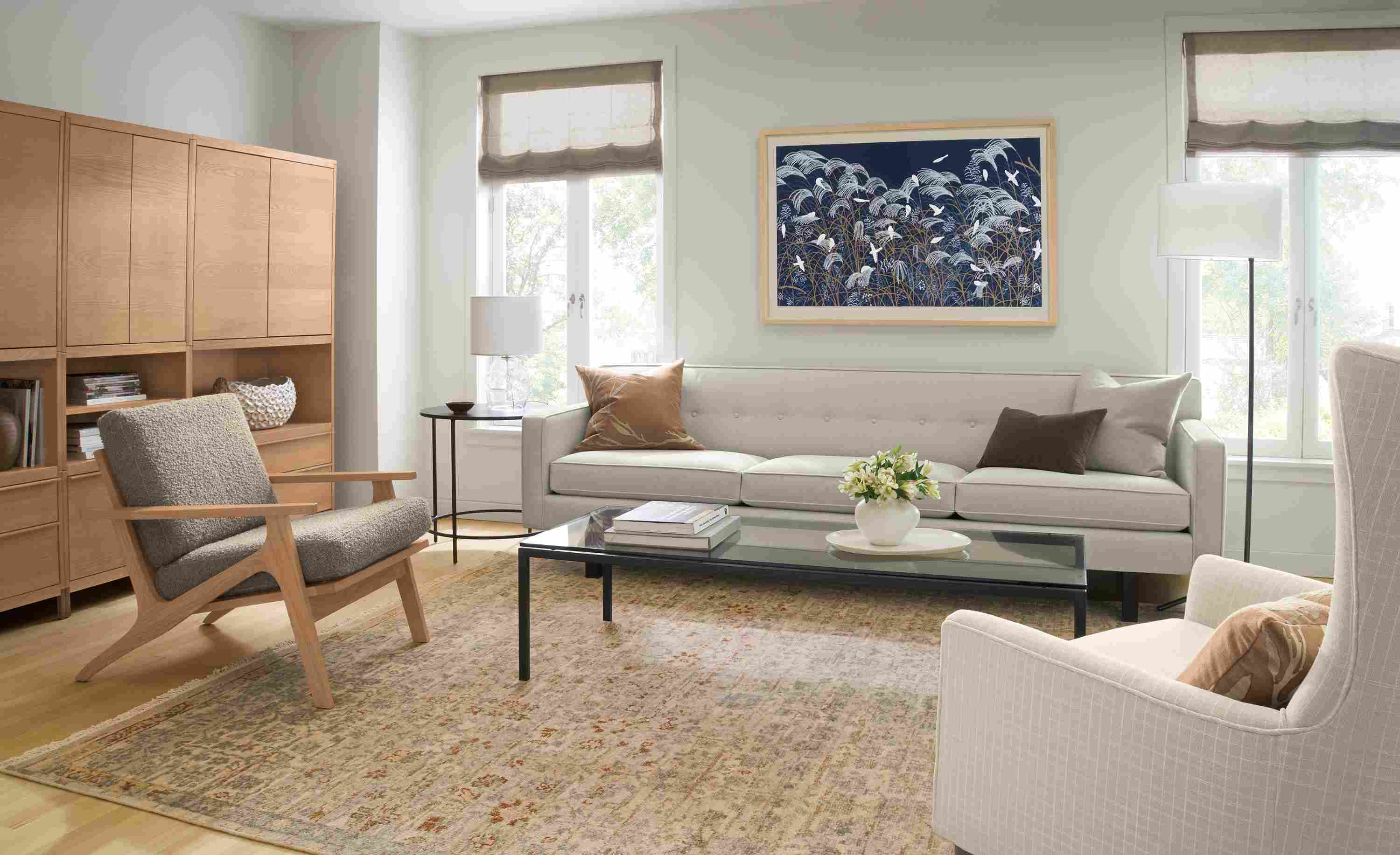 Living room with 101-wide Andre sofa in Myers Oatmeal, Bradford chair in Prado Natural and slim coffee table.