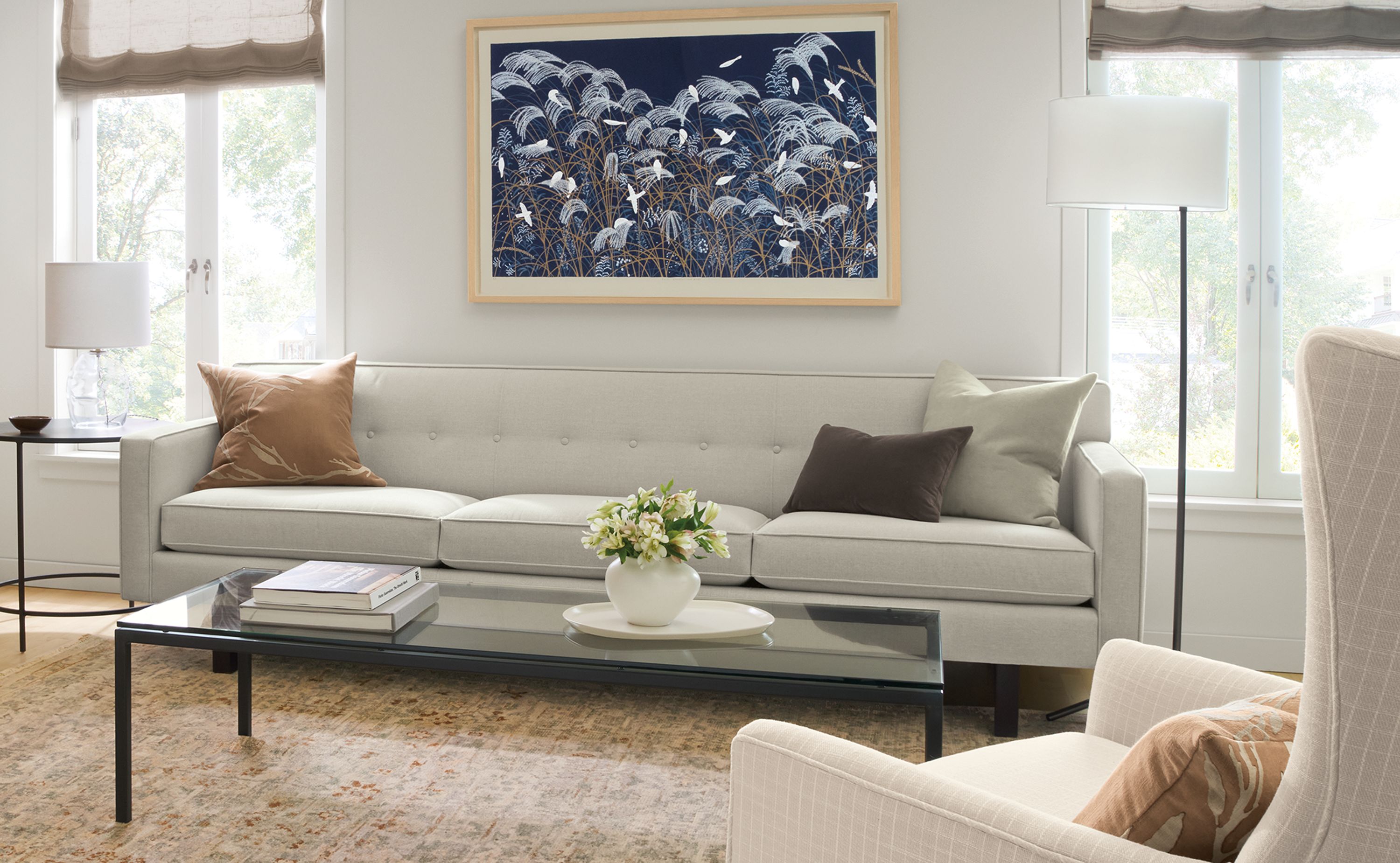 Living room with 101-wide Andre sofa in Myers Oatmeal, Bradford chair in Prado Natural and slim coffee table.