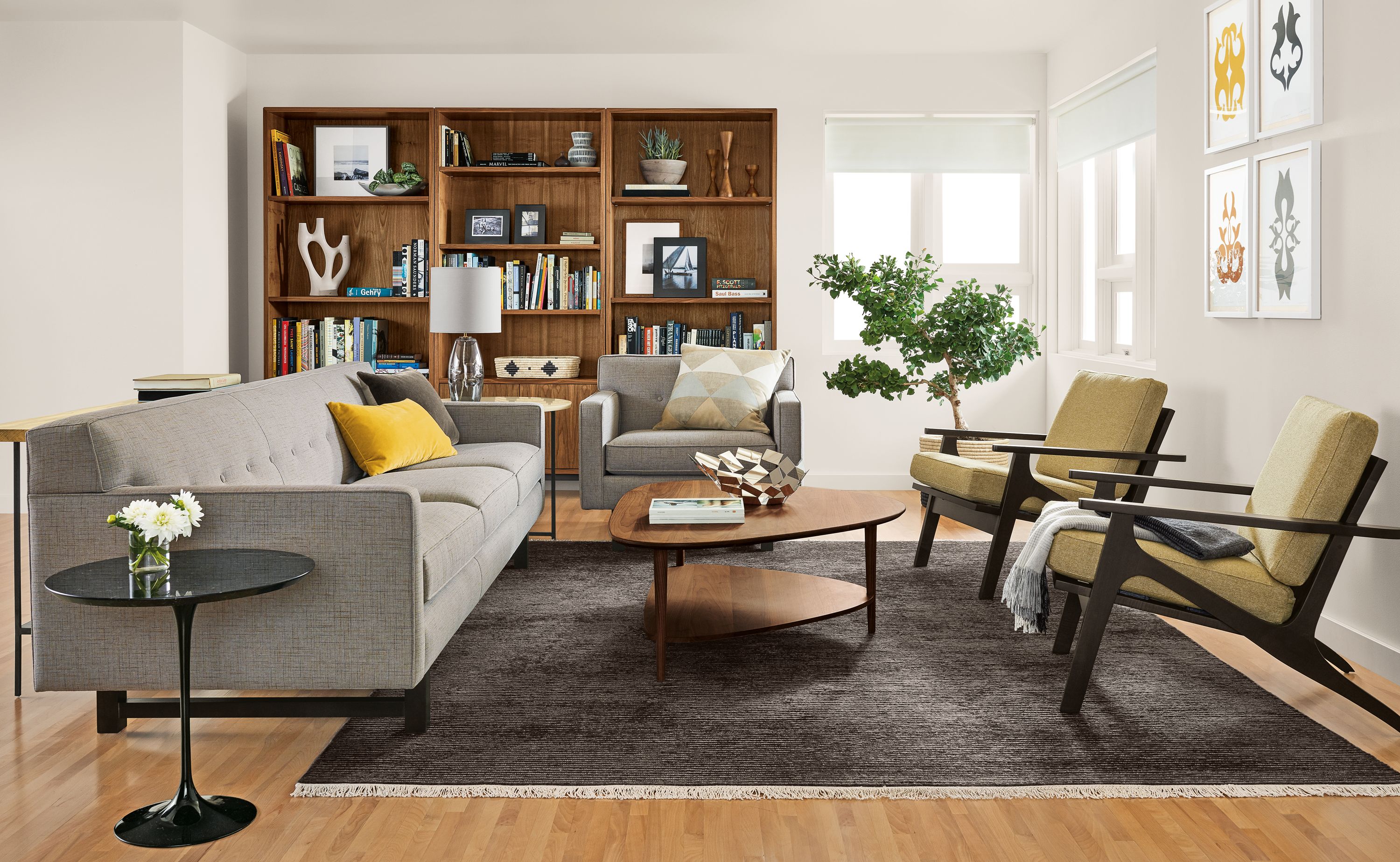 Side detail of Andre sofa in mid-century living room.