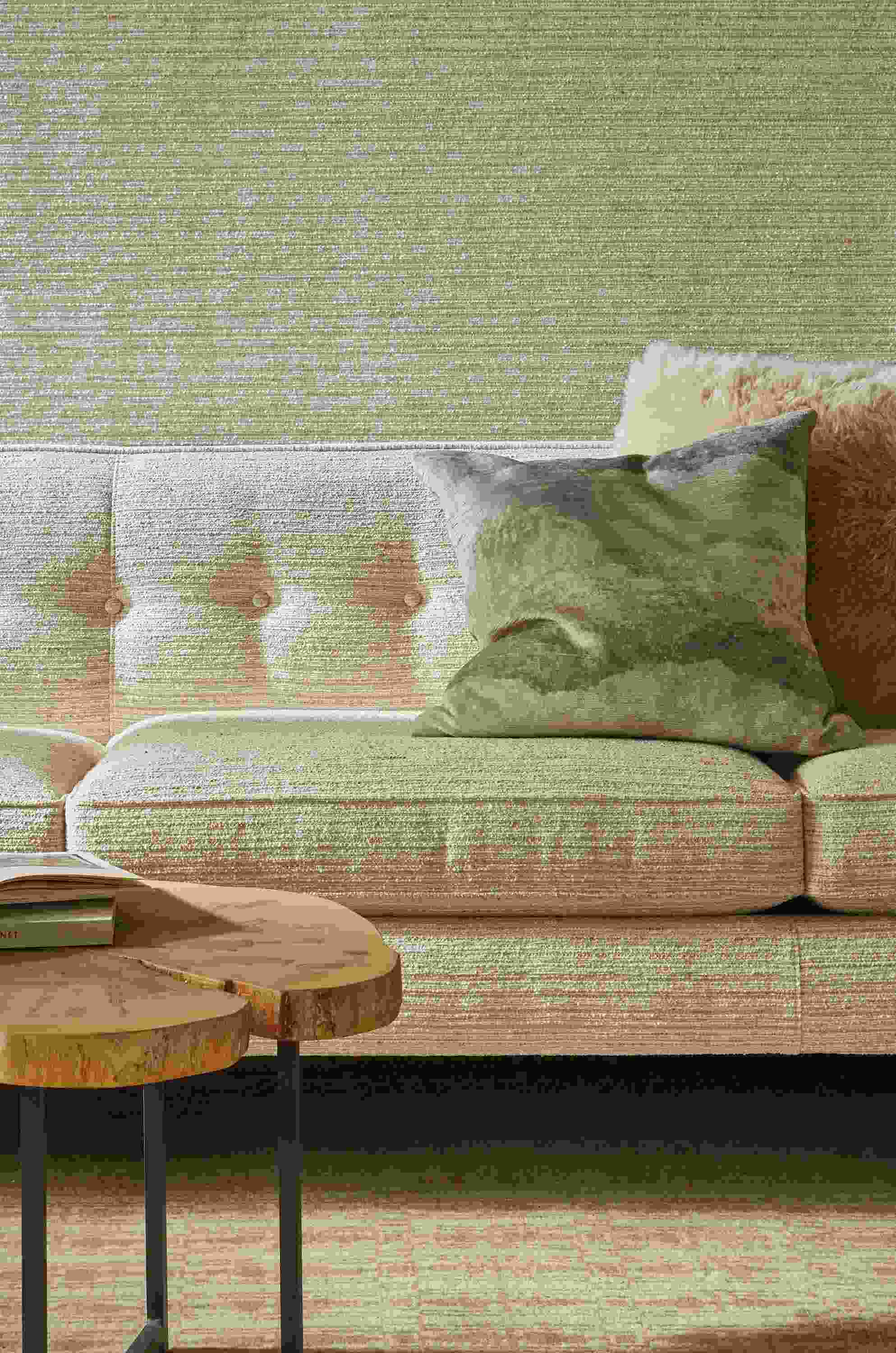 Detail of Andre sofa in Brinley Natural fabric in living room.