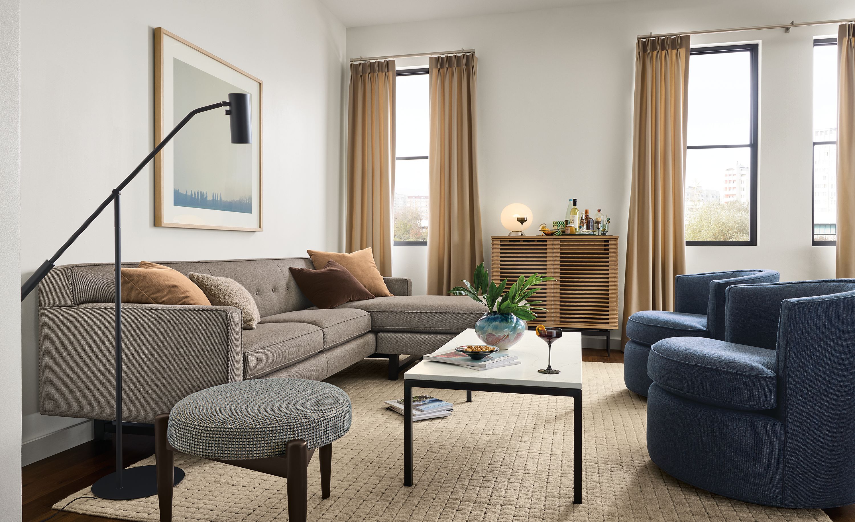 101" sofa with reversible chaise in Derry charcoal fabric