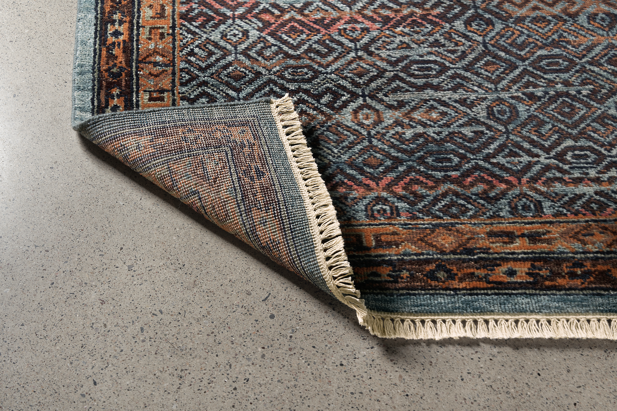 Detail of Anza Rug in Blue and Blush.