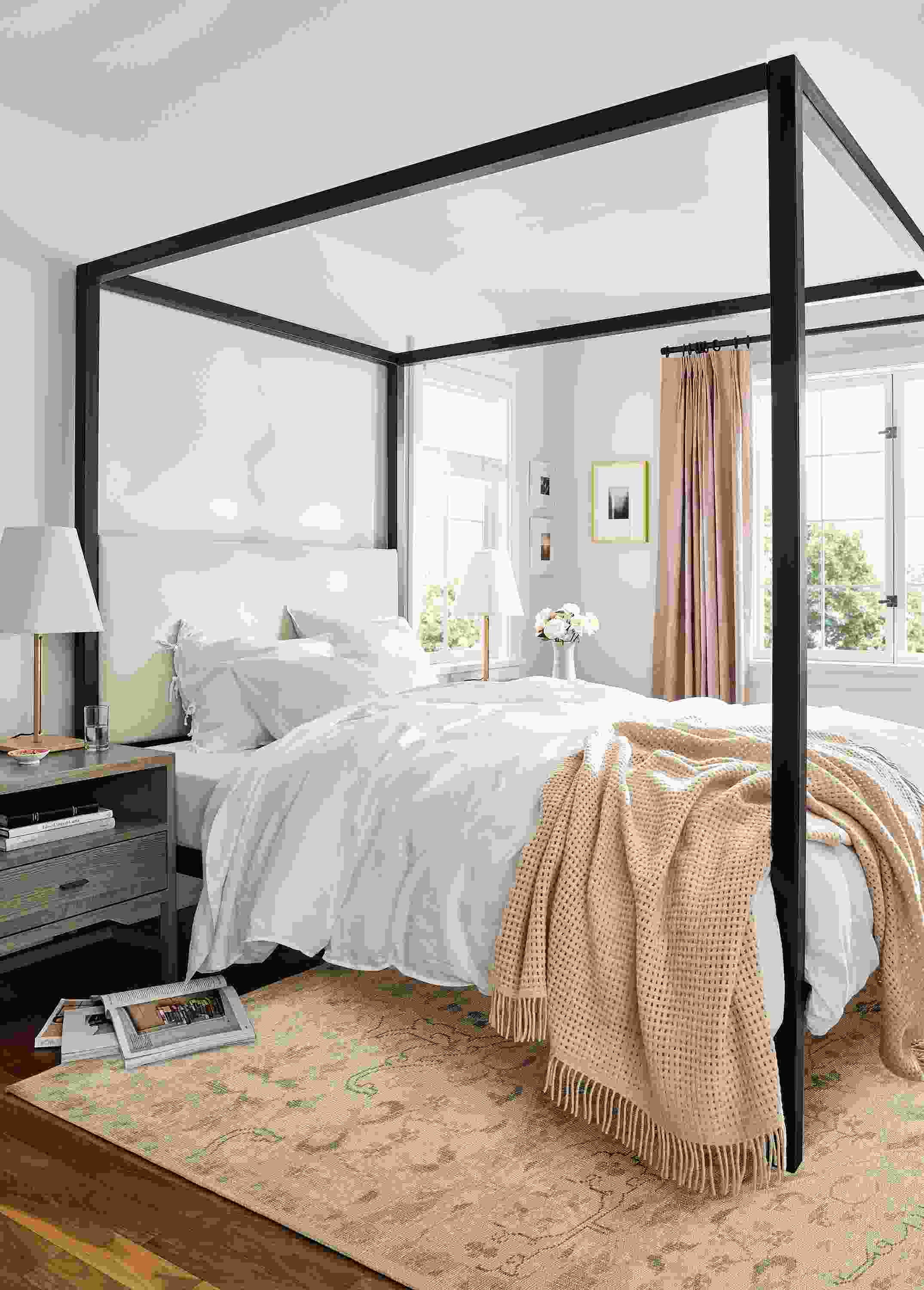 bedroom with architecture queen bed in natural steel with sumner fabric headboard.