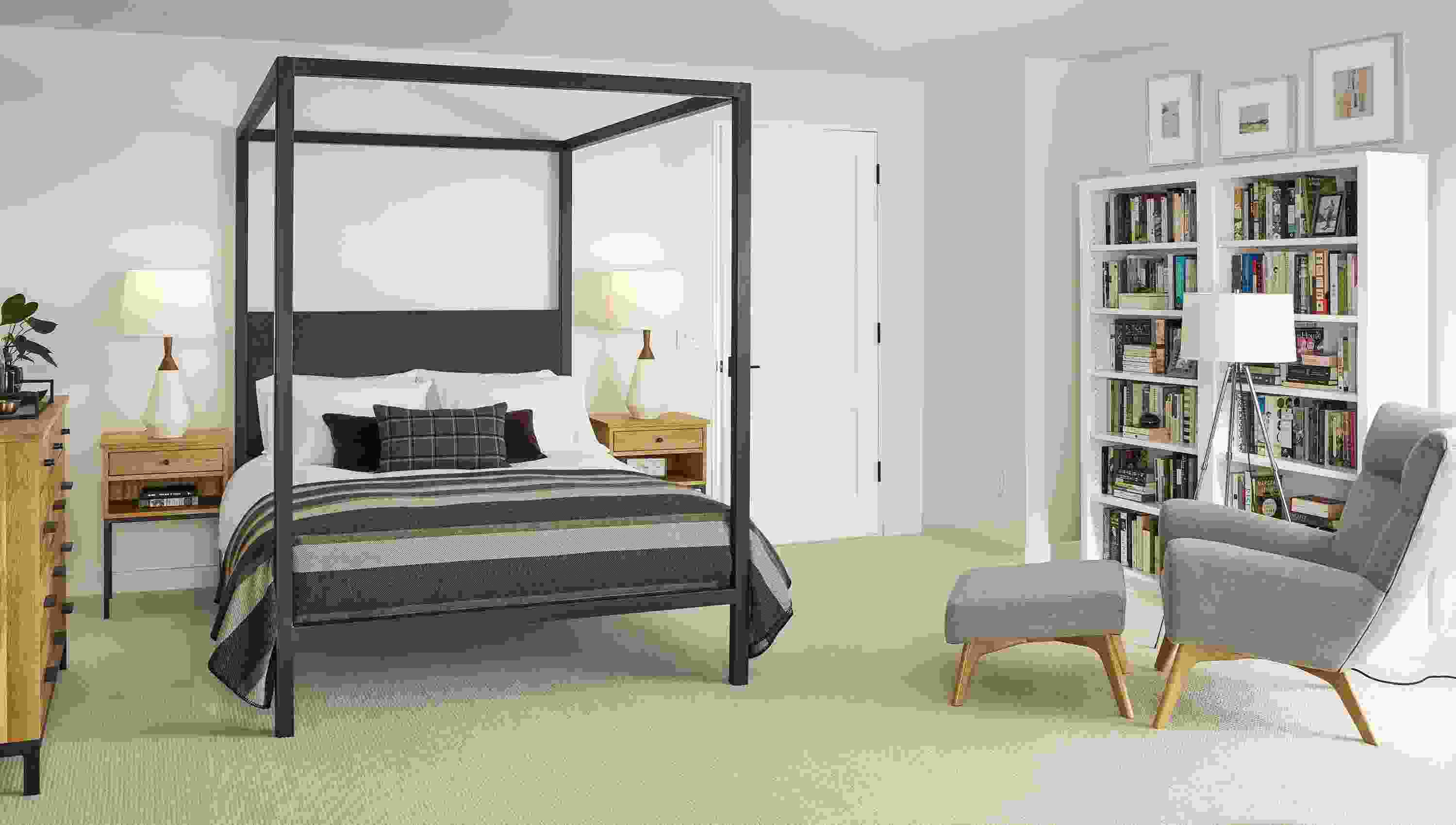 Detail of Architecture queen bed with Flint fabric headboard in bedroom.