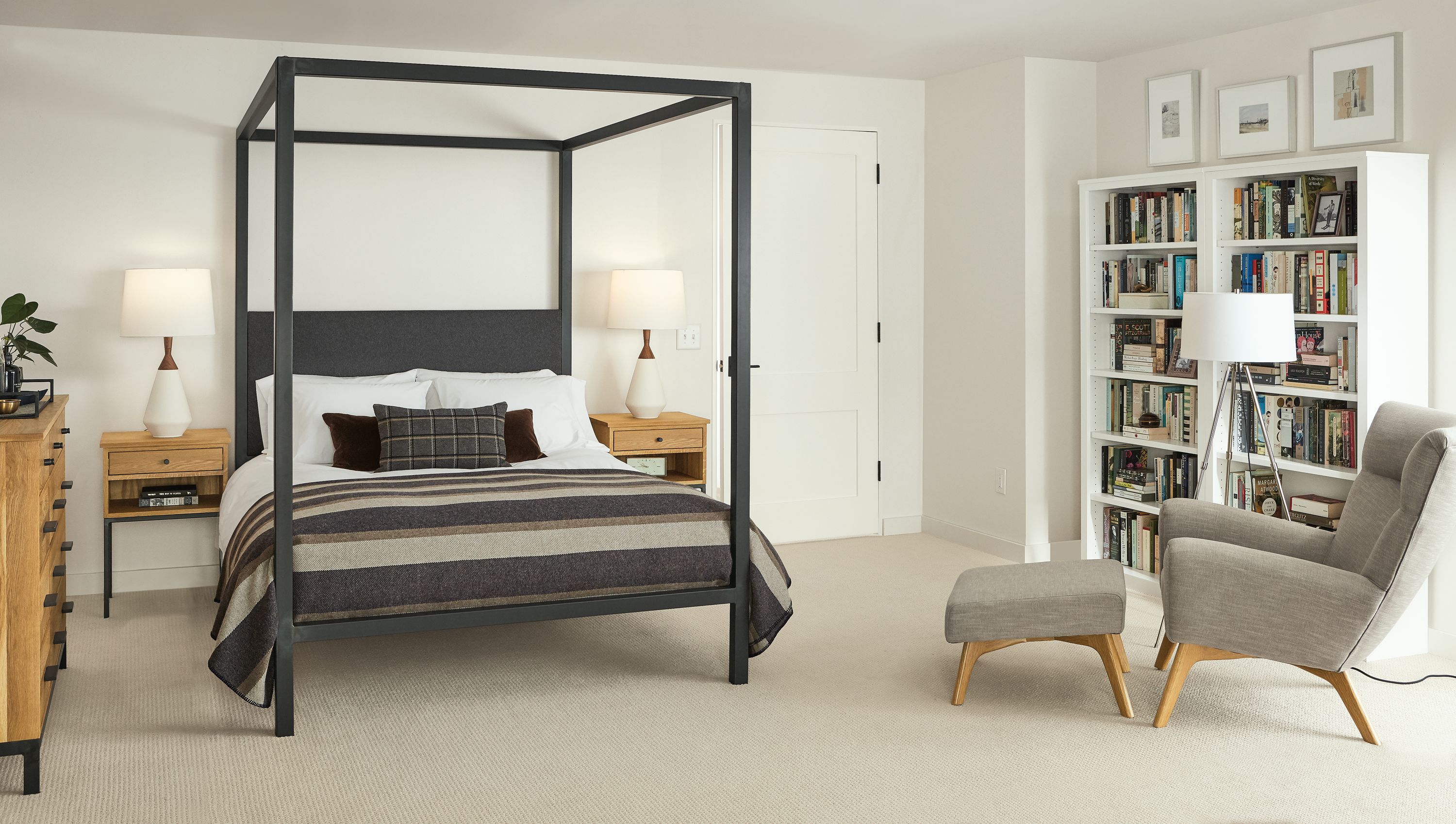 Detail of Architecture queen bed with Flint fabric headboard in bedroom.