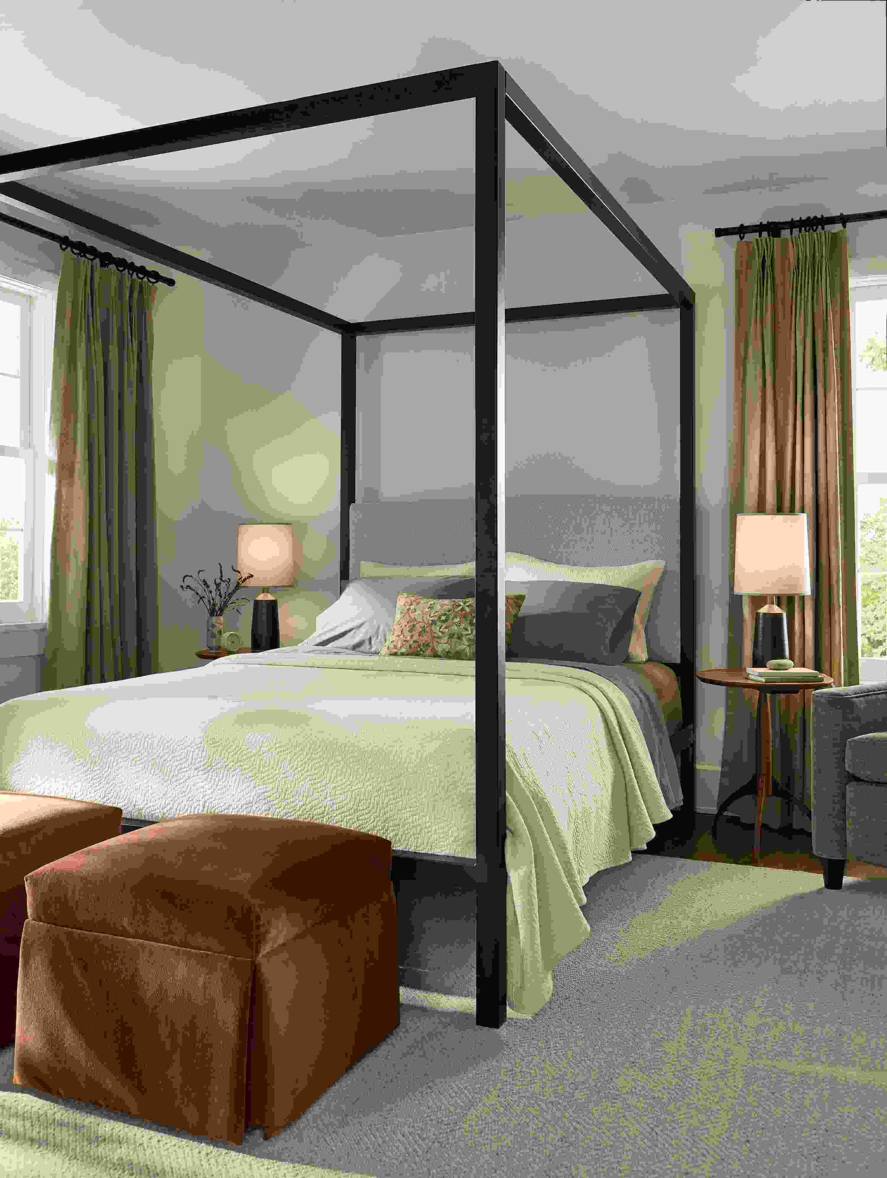 Bedroom with Architecture queen bed in Derry Cement,  and 2 Esther ottomans in Redding Nutmeg.