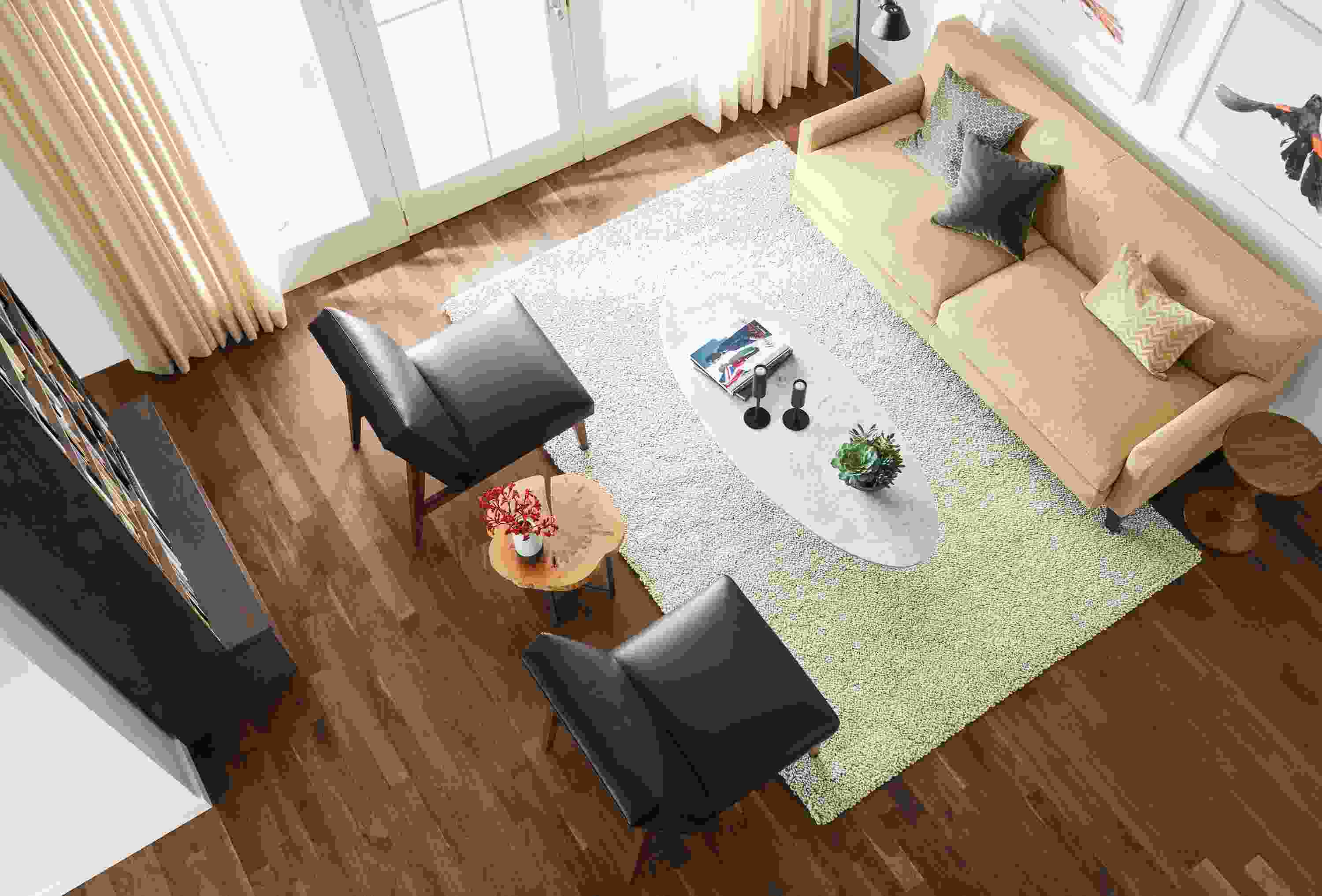Overhead view of 6x9 Arden rug in living room.