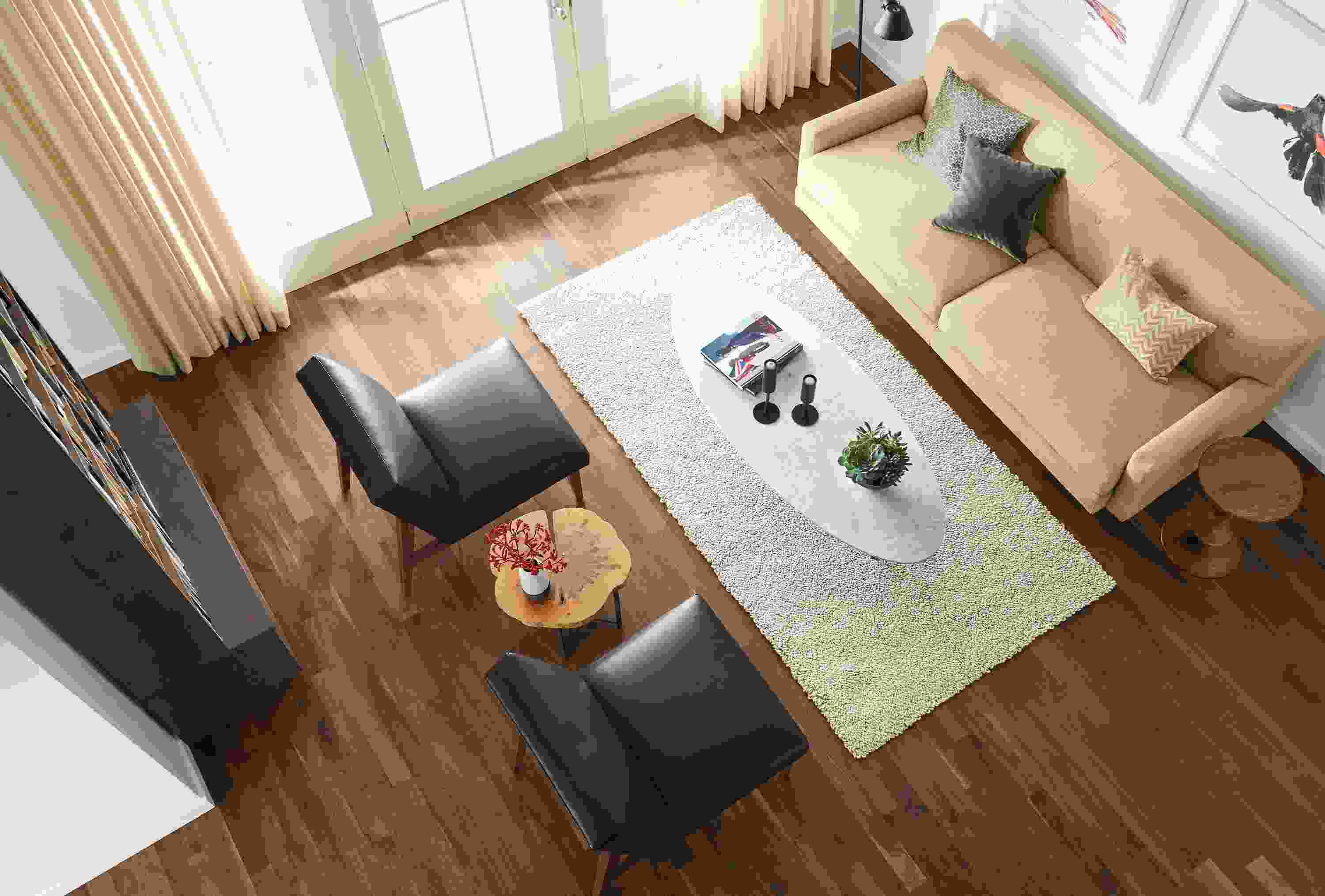 Overhead view of 4x8 Arden rug in living room.