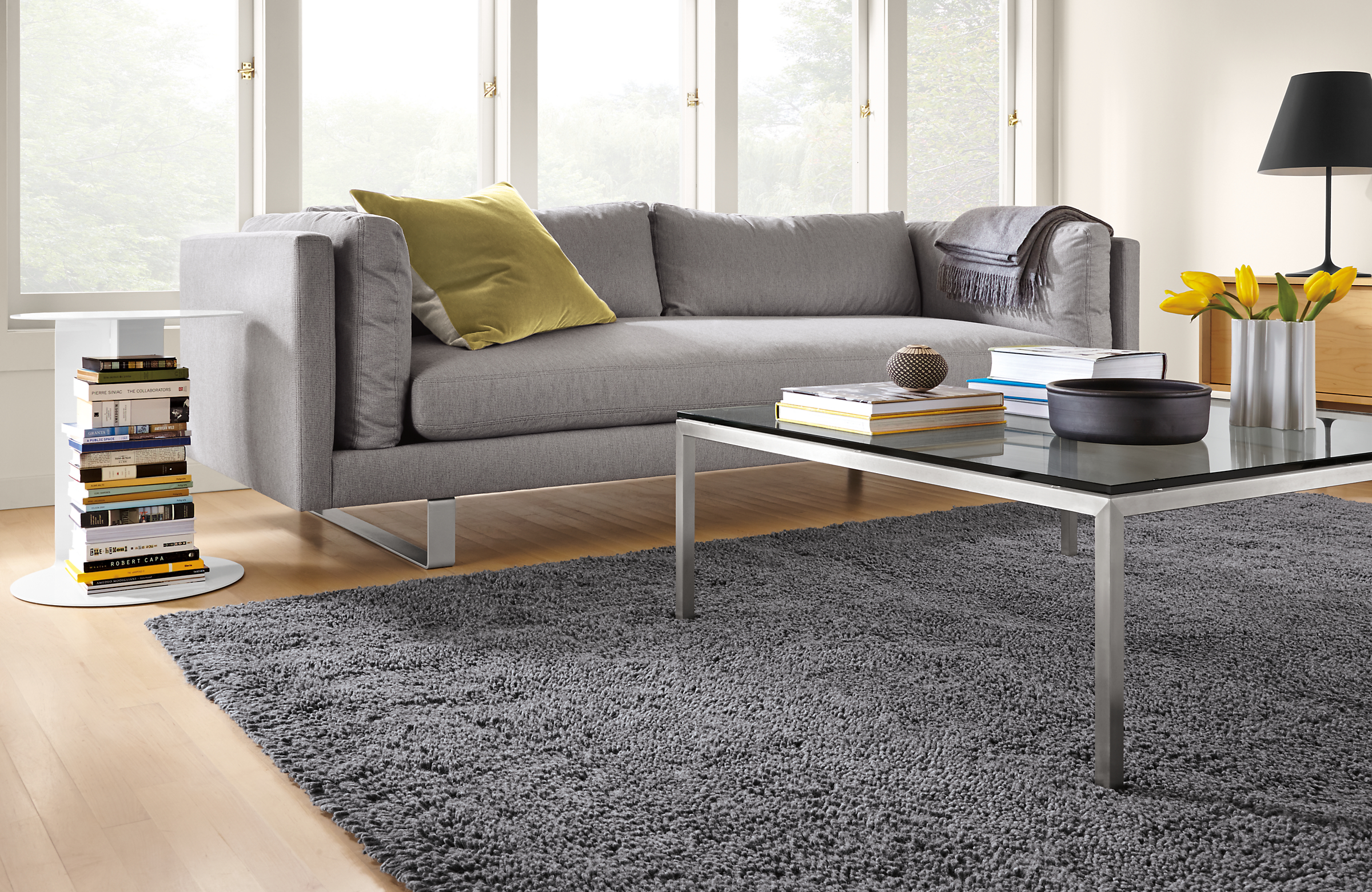 Living room with Arden natural high shag rug in charcoal.
