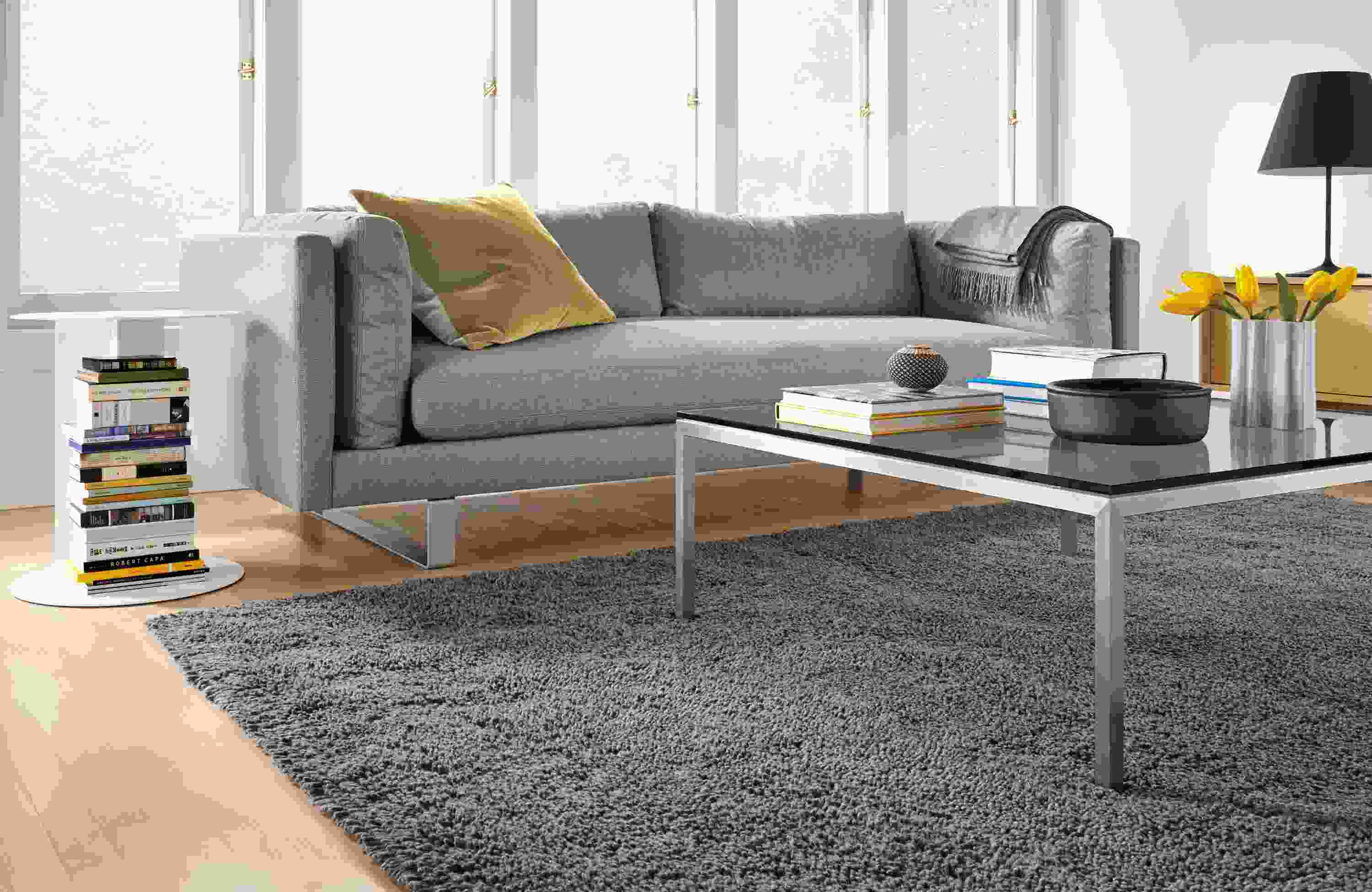 Living room with Arden natural high shag rug in charcoal.