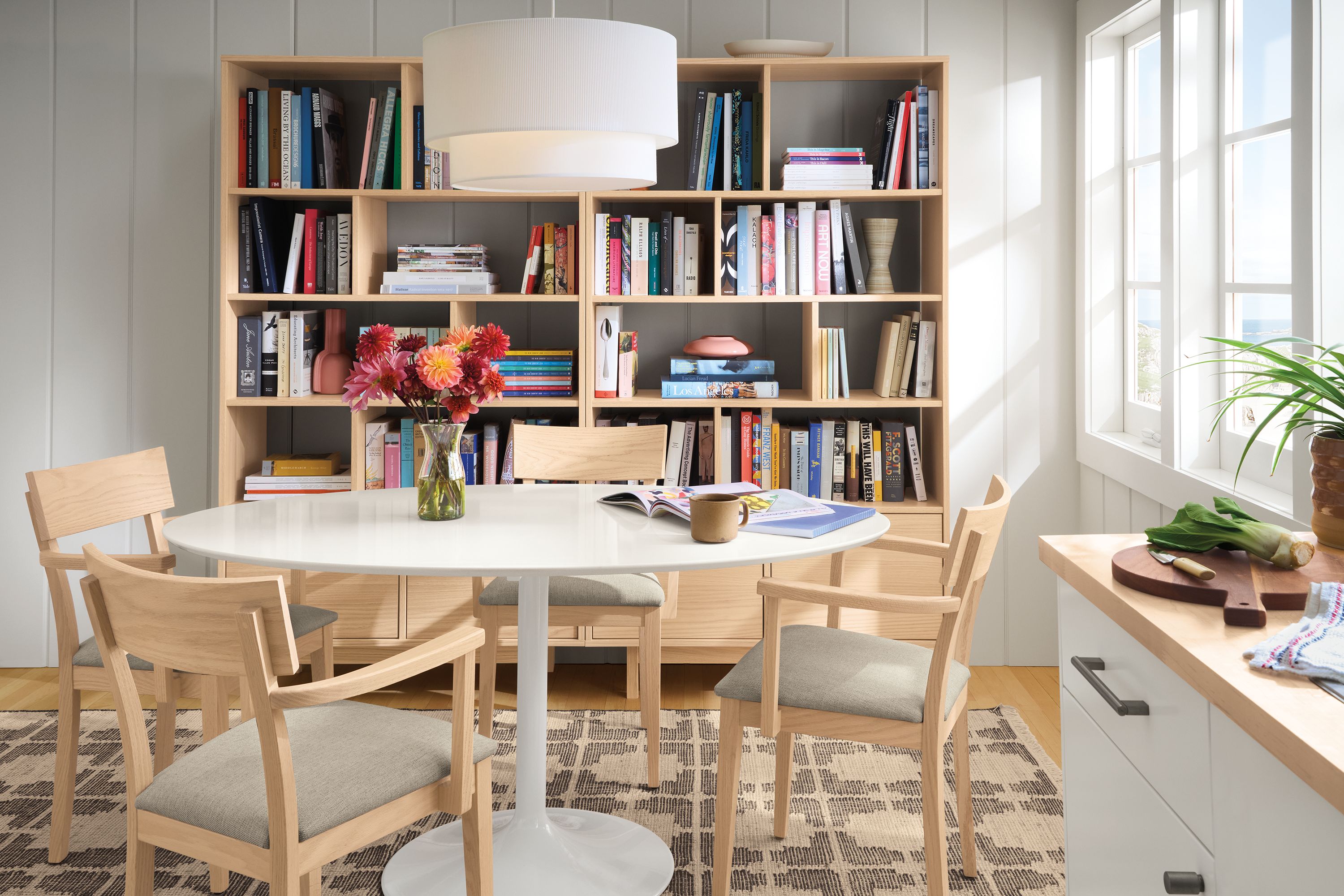 Arm chair in Sumner linen fabric and oak with salt stain frame