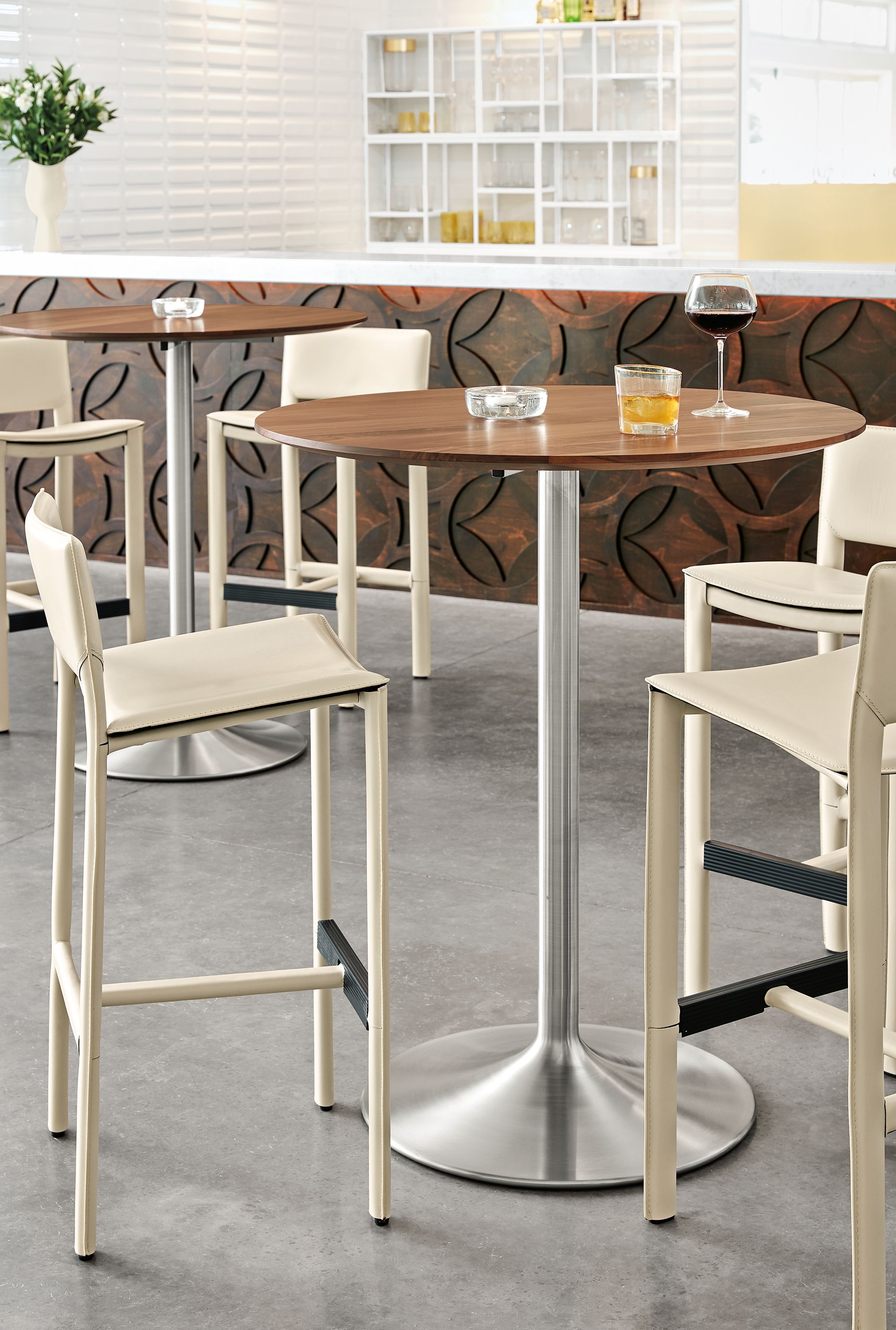 36 diam bar table - walnut top, stainless steel base