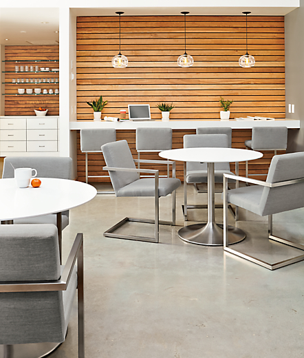 Close view of Aria tables in office kitchen.