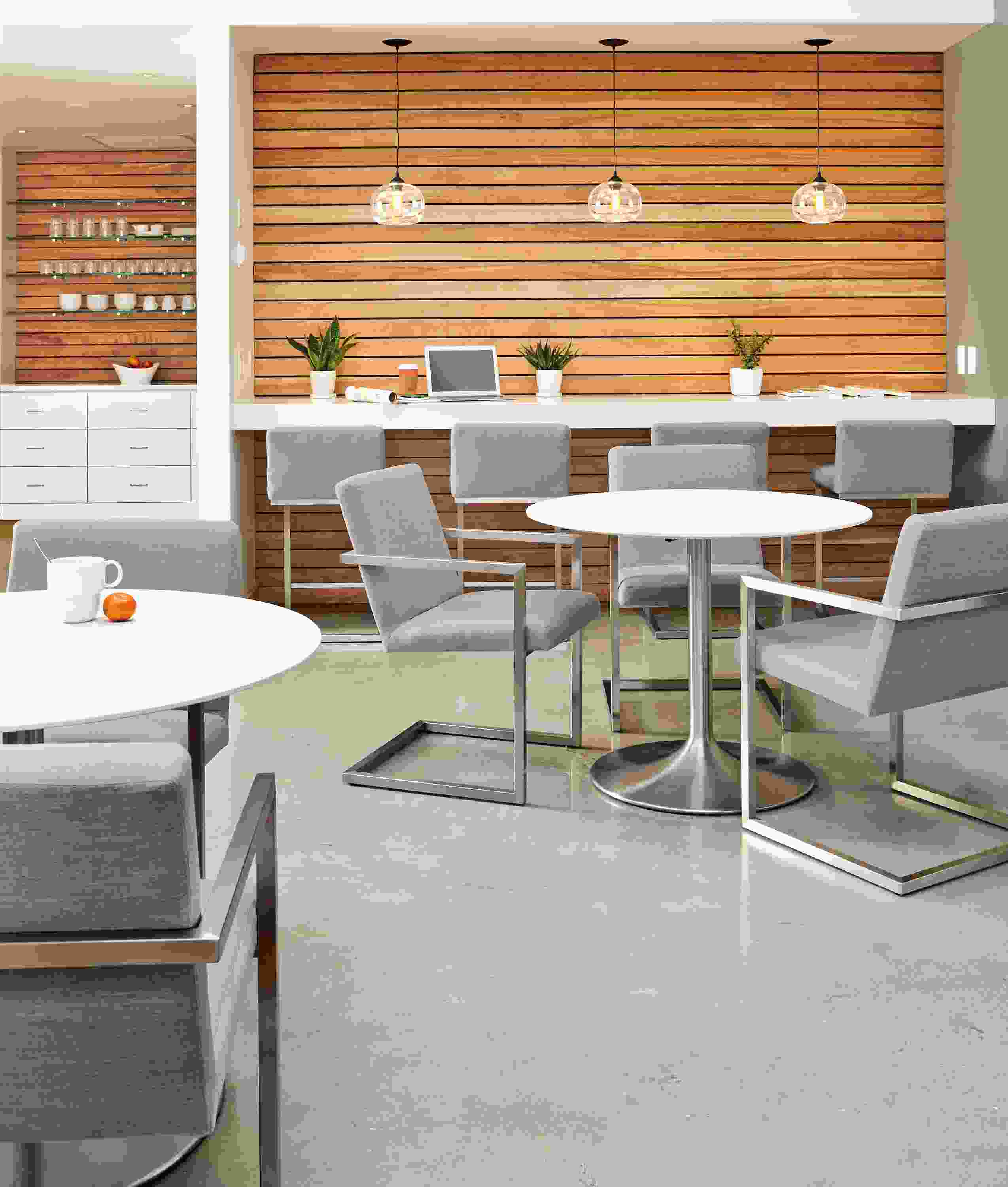 Close view of Aria tables in office kitchen.
