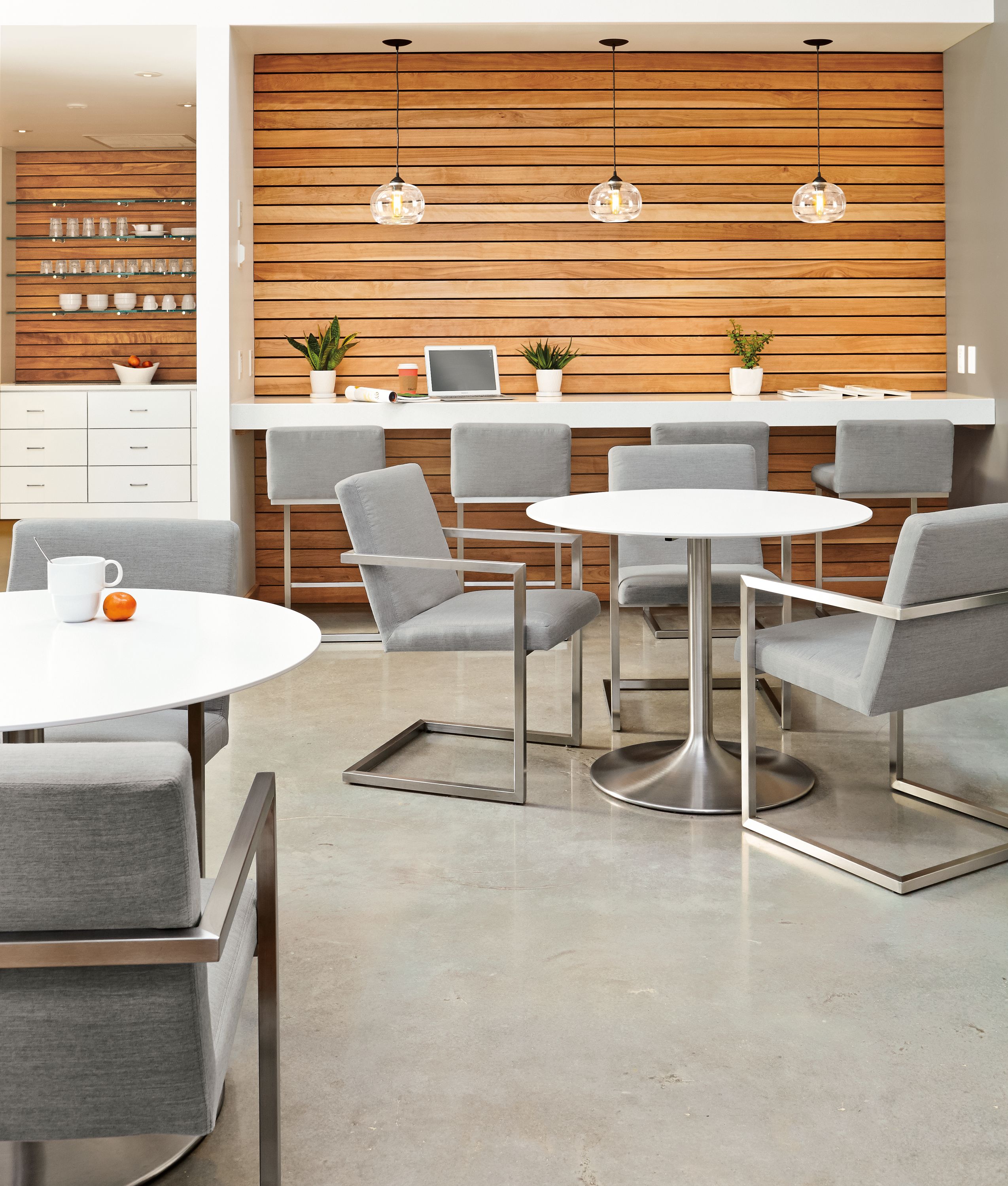 Close view of Aria tables in office kitchen.
