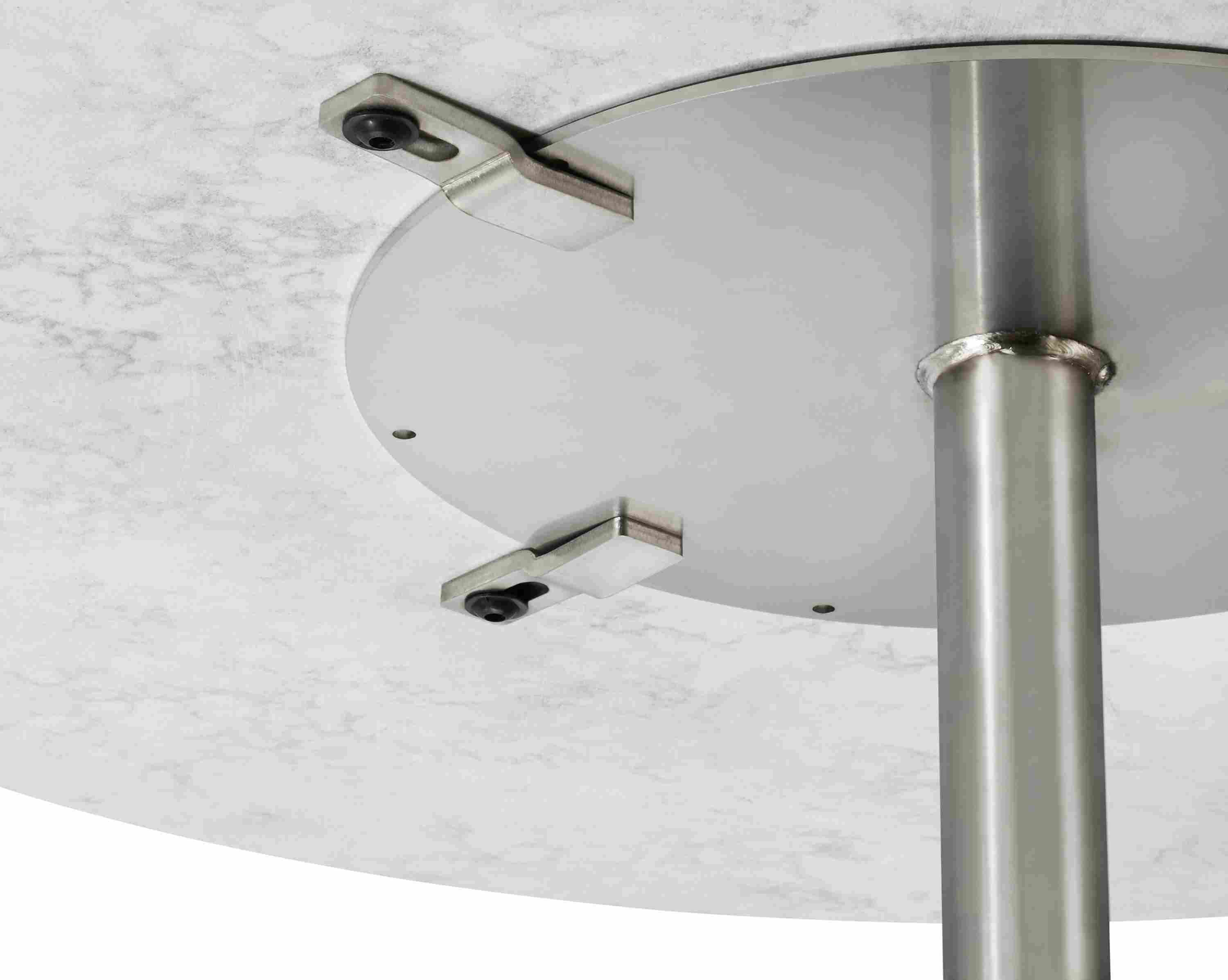 underside detail of aria round end table showing base attachment.