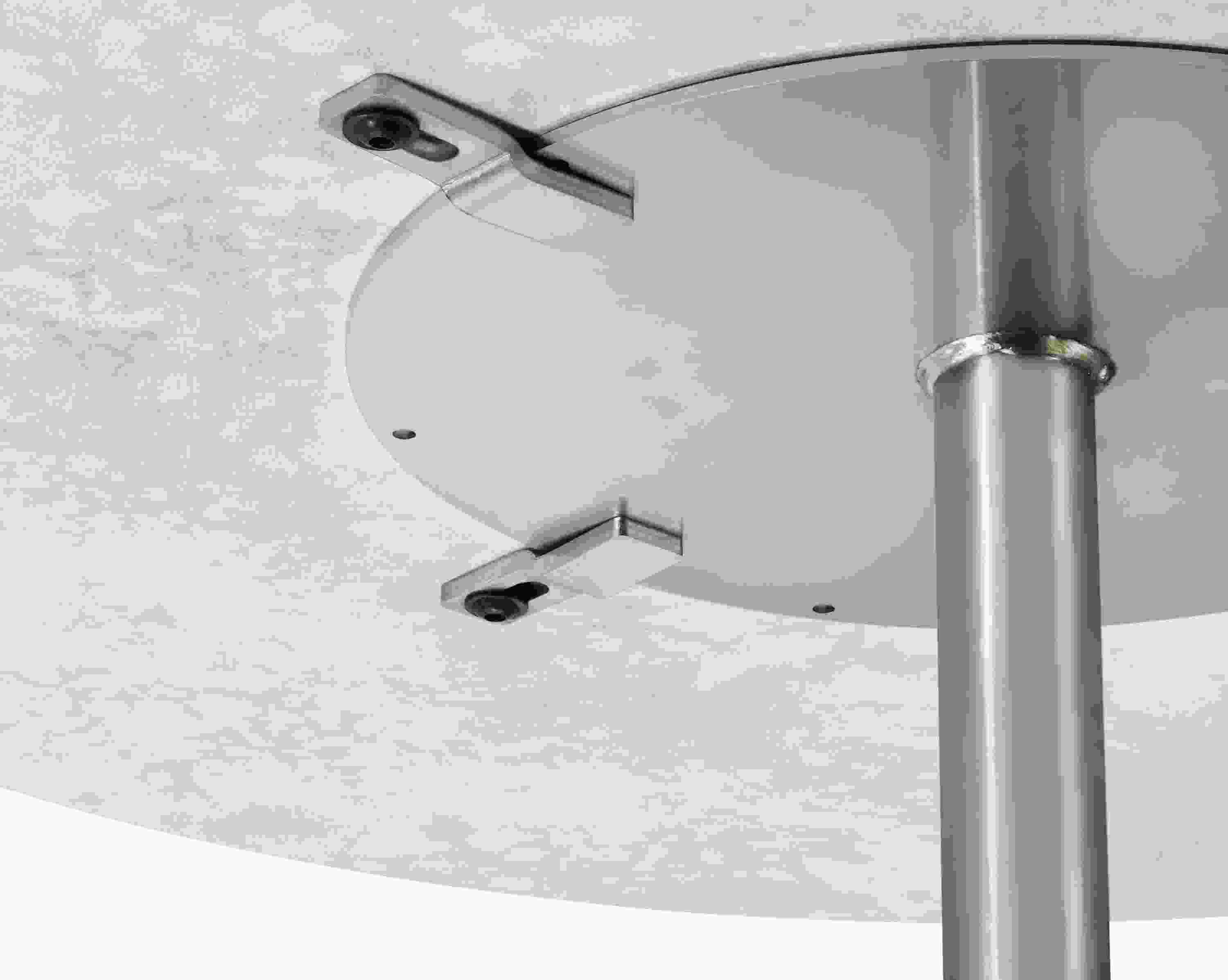 underside detail of aria round end table showing base attachment.