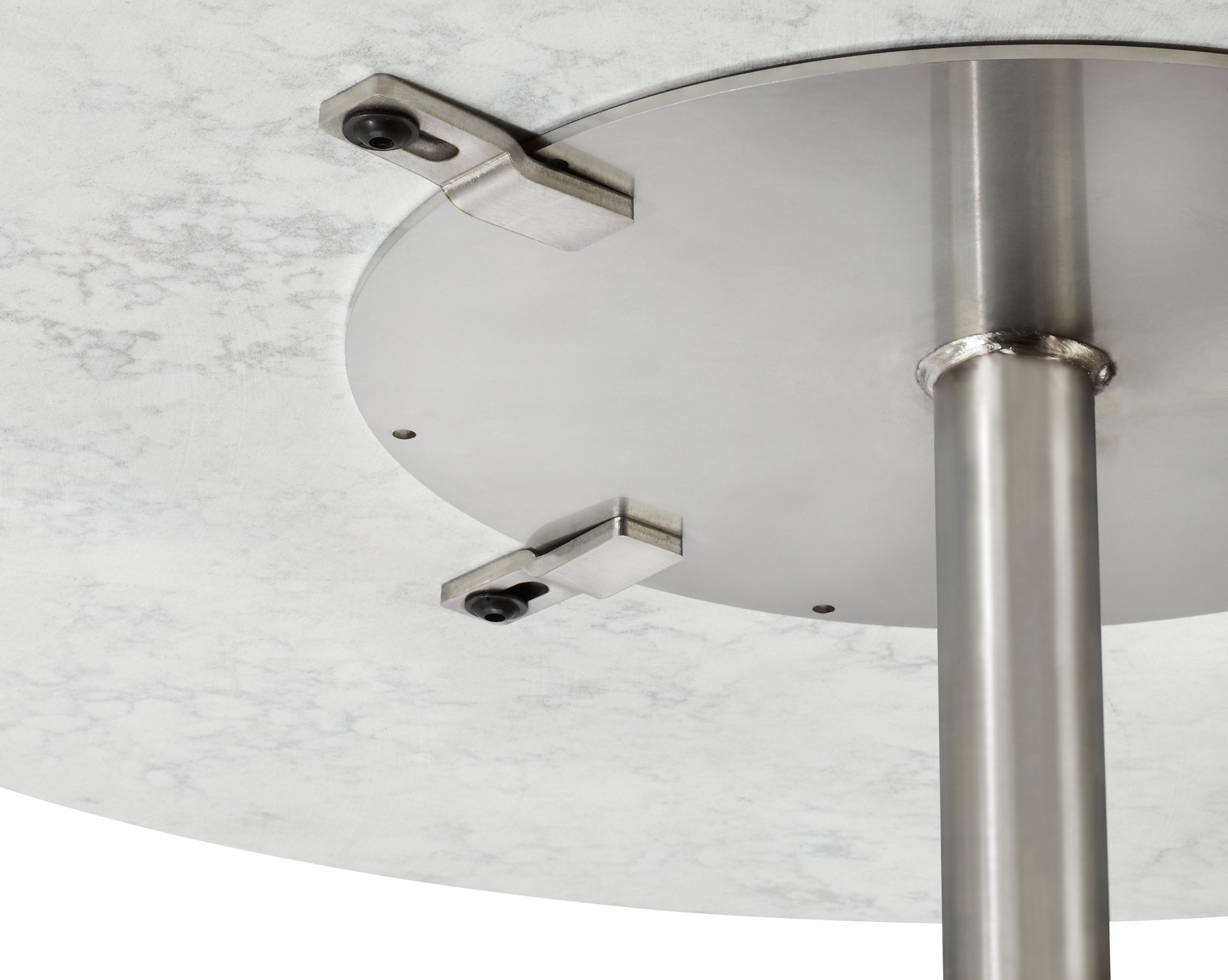 underside detail of aria round end table showing base attachment.