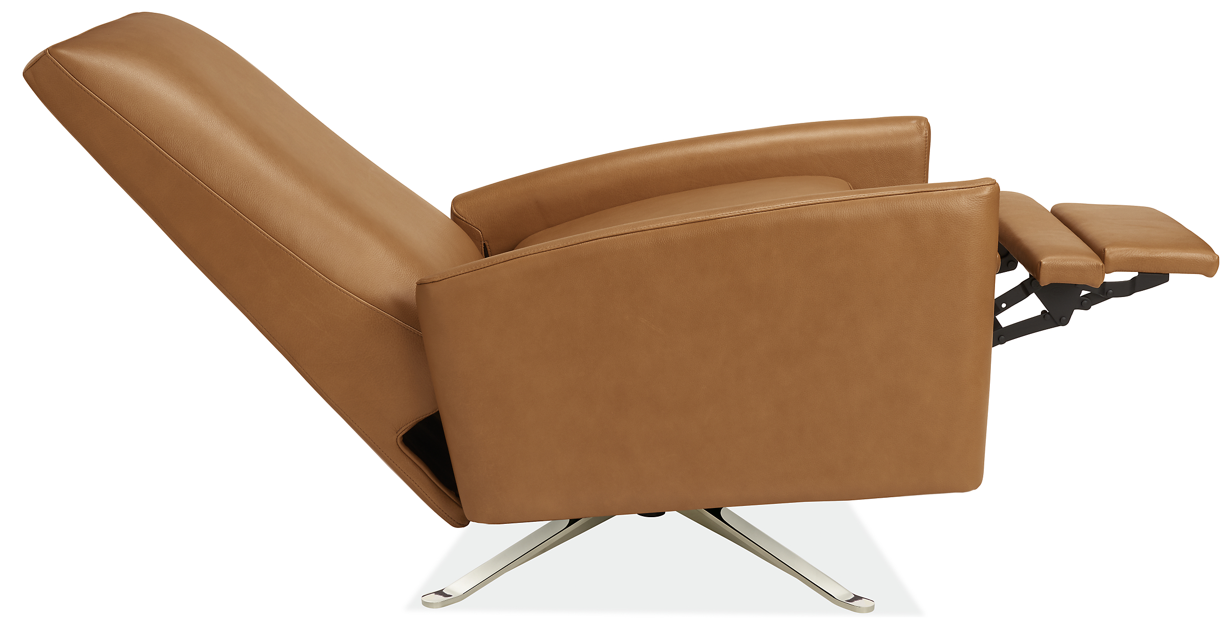 Open side view of Arlo Curved-Arm Recliner in Lecco Leather with Metal Swivel Base.