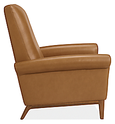 Side view of Arlo rolled-arm recliner with wood base in Lecco camel and walnut.