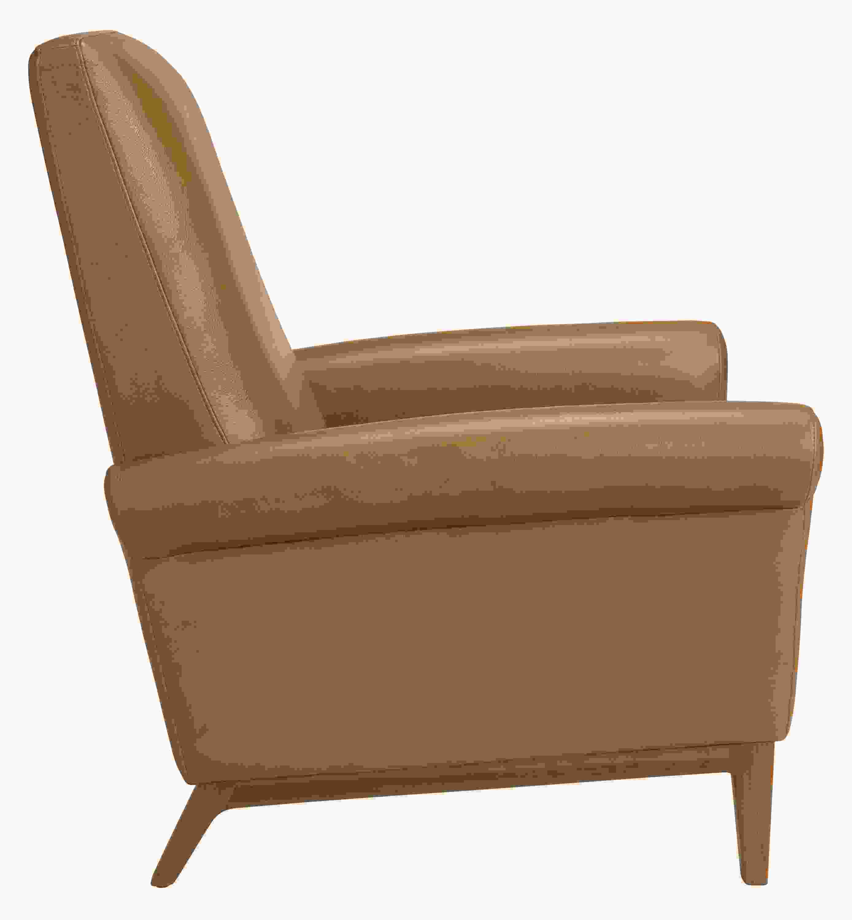 Side view of Arlo rolled-arm recliner with wood base in Lecco camel and walnut.