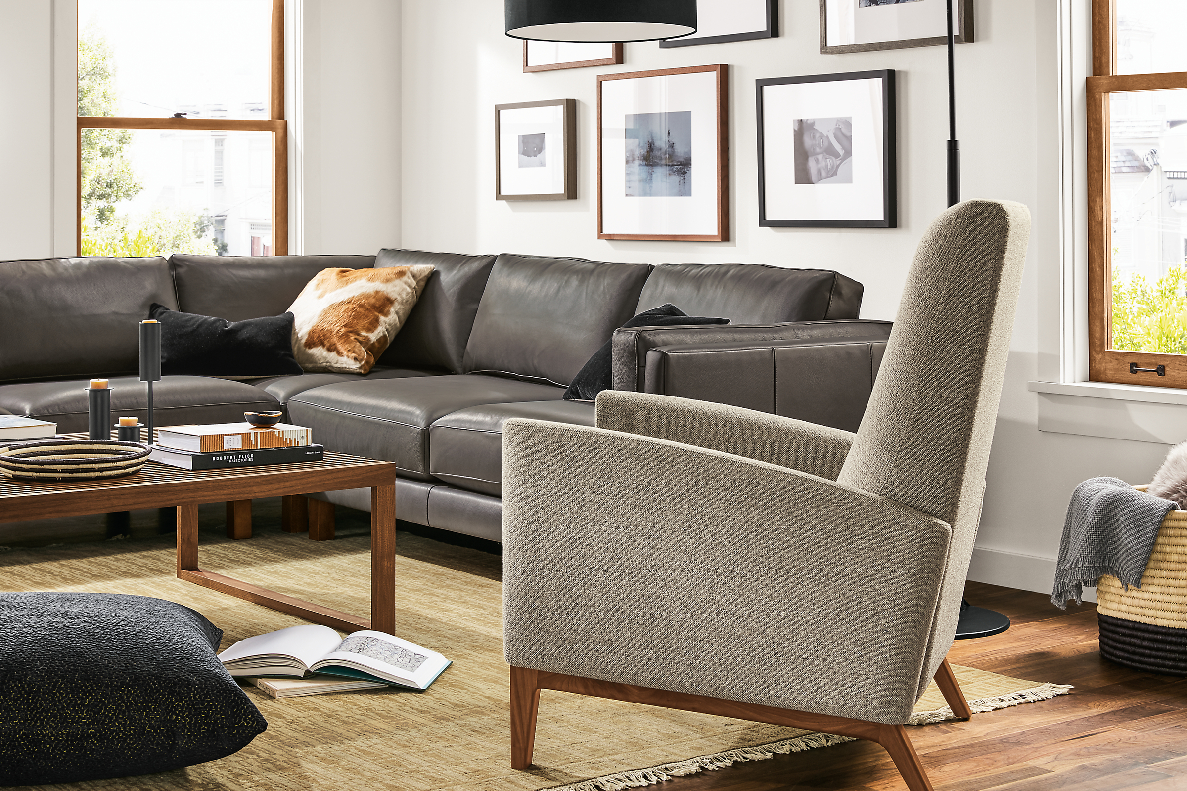 Detail of Arlo recliner in Tatum grey fabric in living room setting.