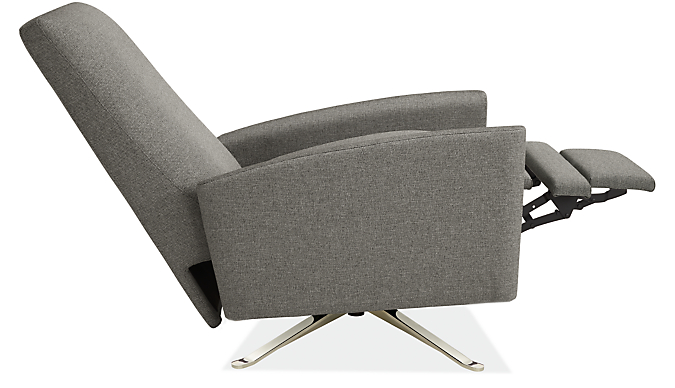 Open side view of Arlo Curved-Arm Recliner in Tatum Fabric with Metal Swivel Base.