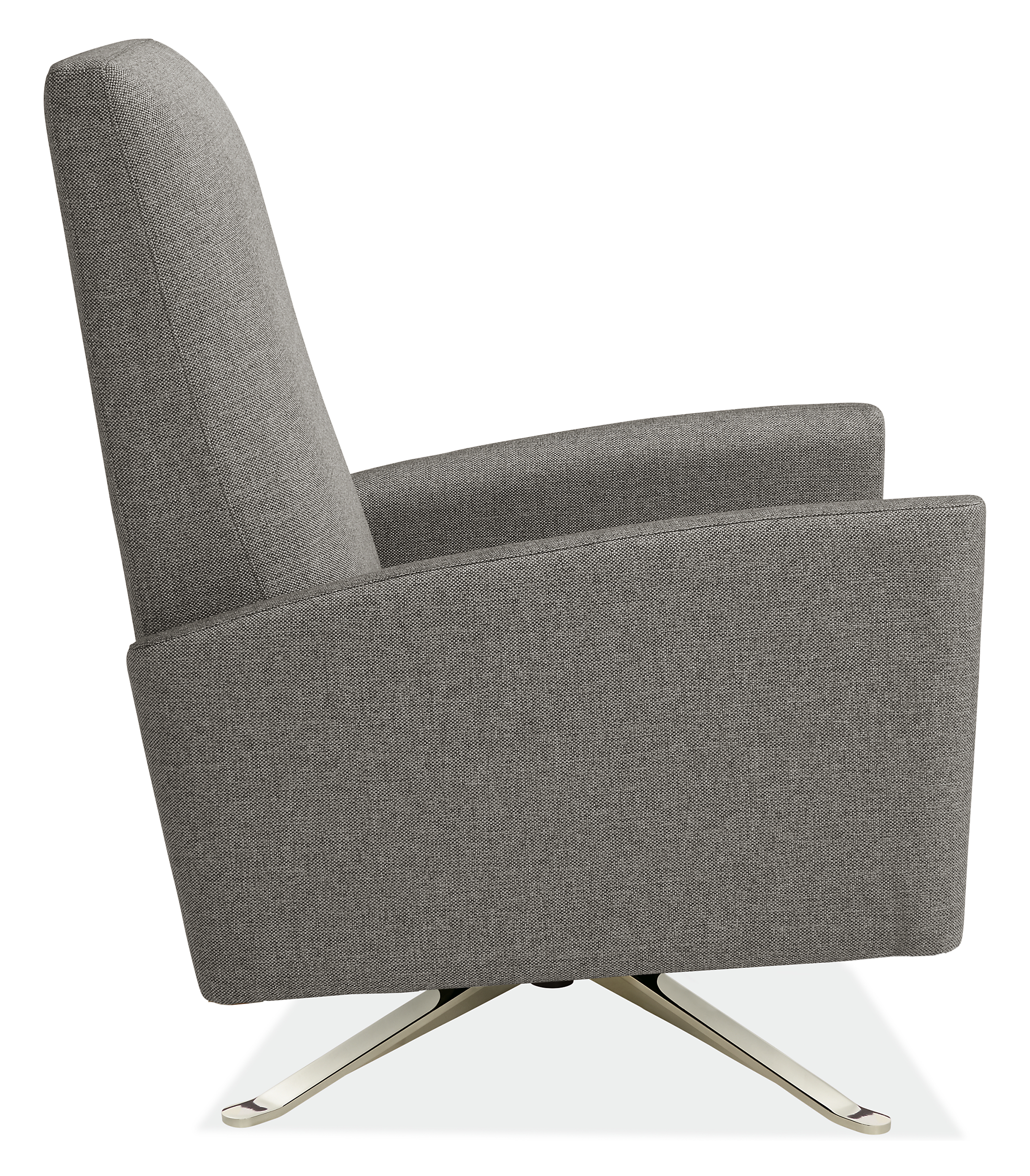 Side view of Arlo Curved-Arm Recliner in Tatum Fabric with Metal Base.