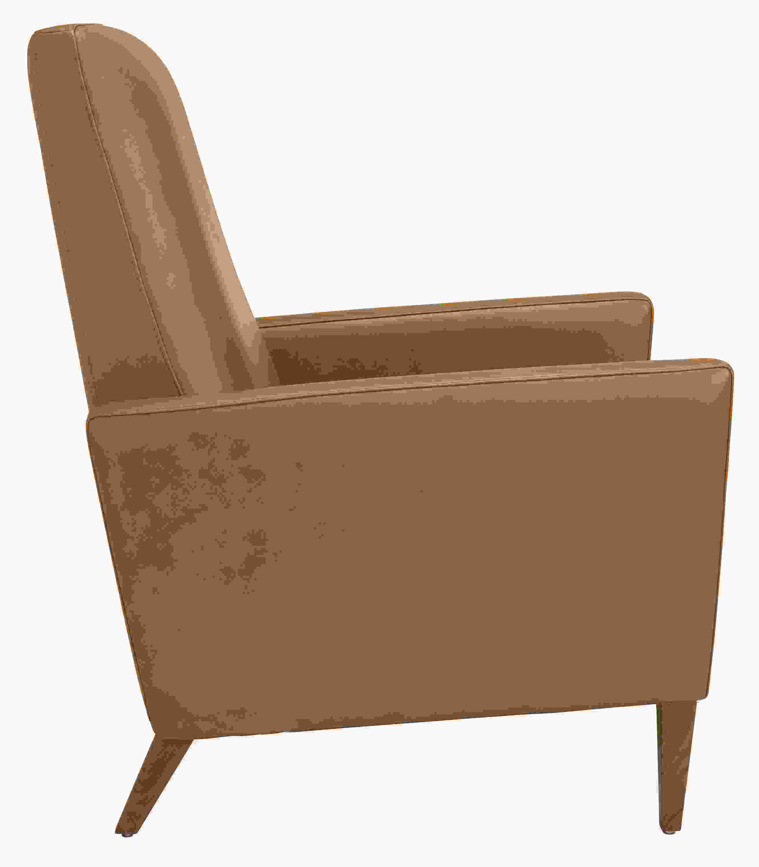 Side view of Arlo thin-arm recliner in Lecco leather with walnut legs.