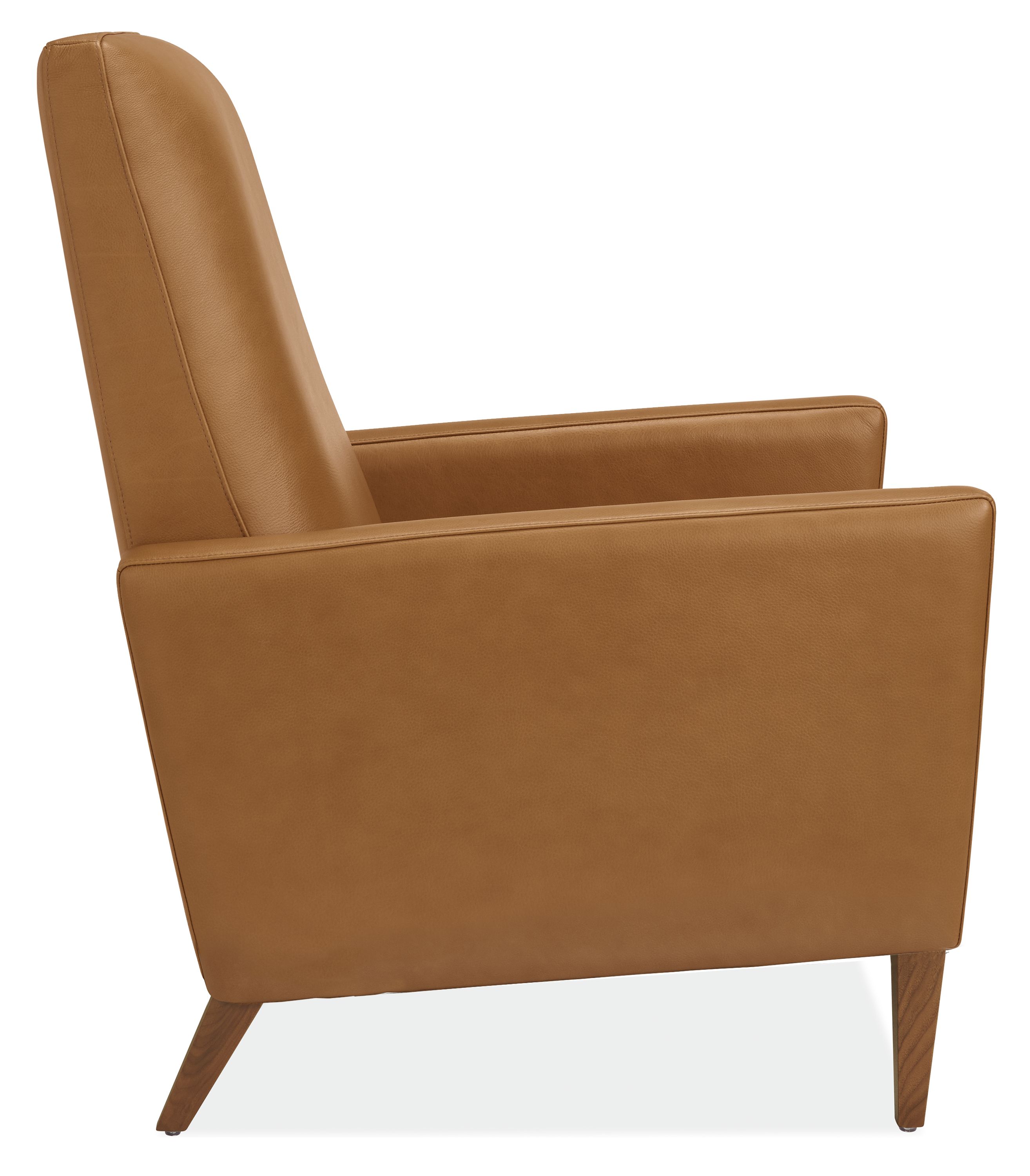 Side view of Arlo thin-arm recliner in Lecco leather with walnut legs.