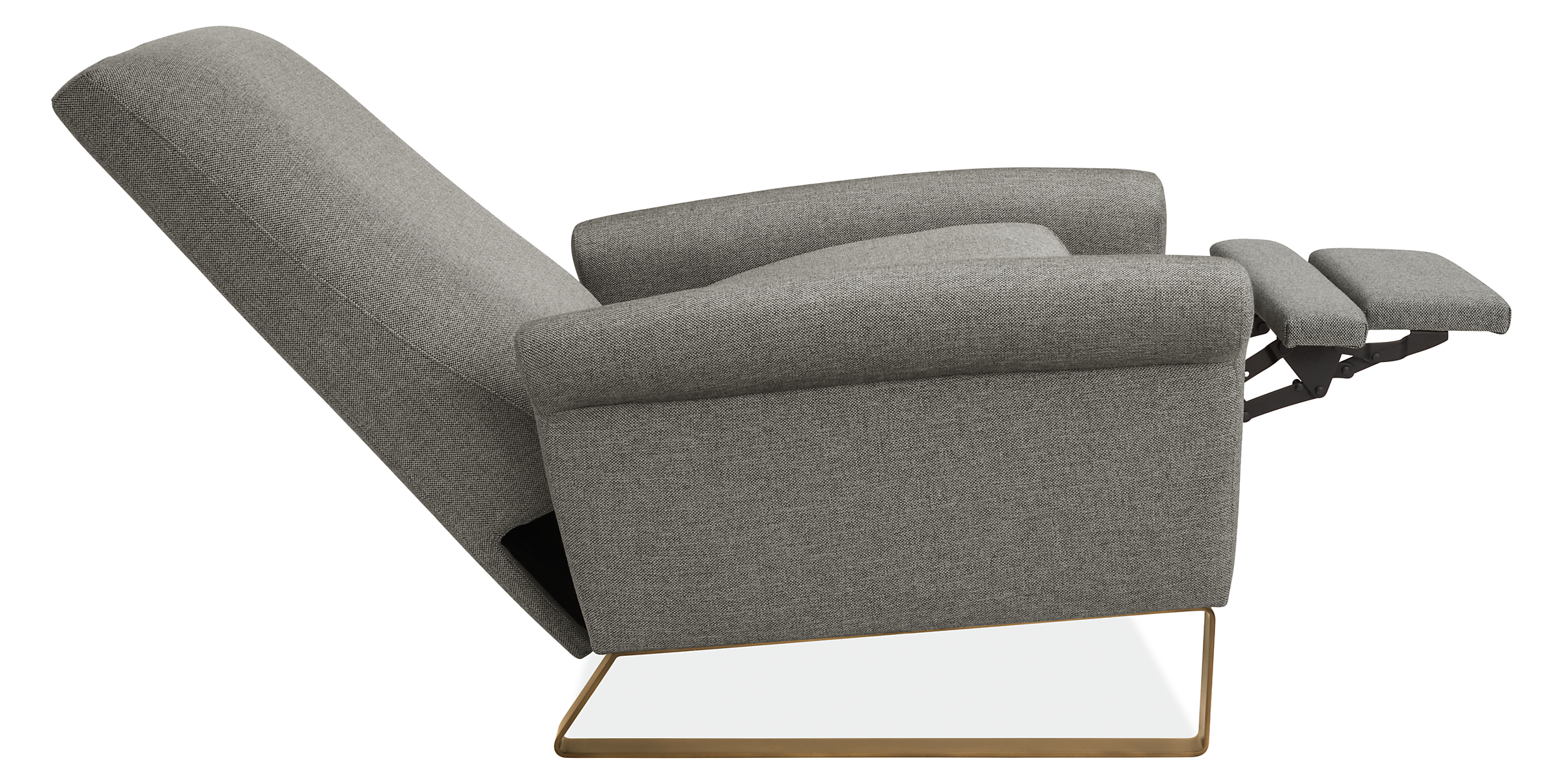 Open side view of Arlo rolled-arm fabric recliner.