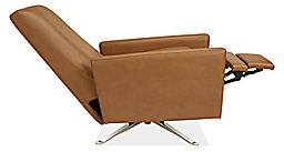 Open side view of Arlo thin-arm recliner in Lecco leather with nickel swivel base.