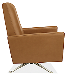 Side view of Arlo thin-arm recliner in Lecco leather with nickel swivel base.