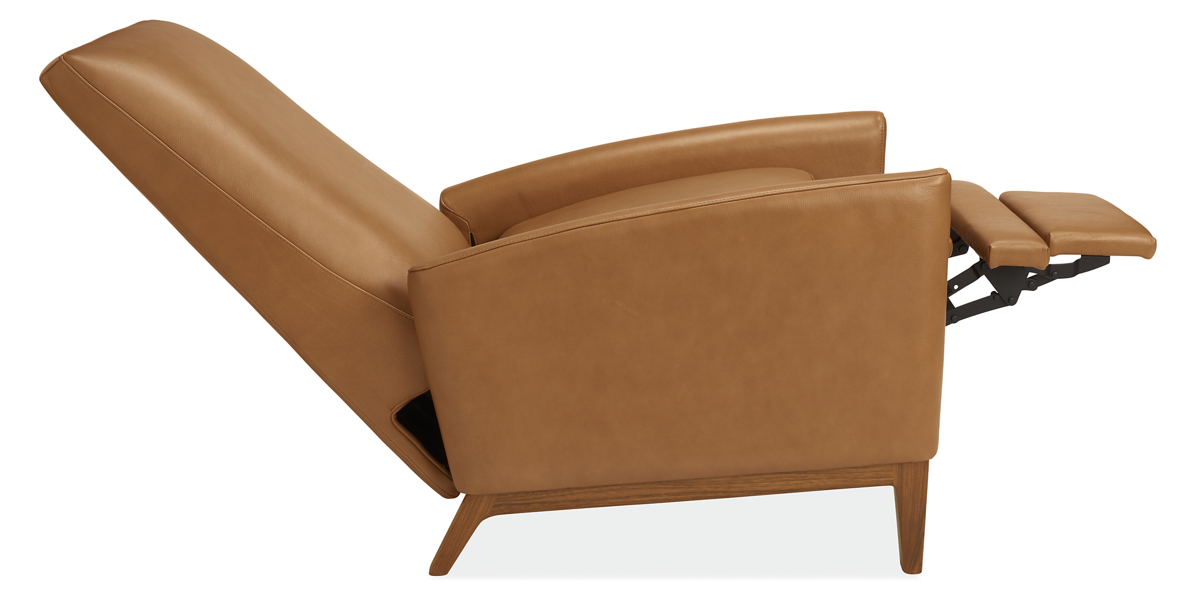 Open side view of Arlo curved-arm recliner in leather.
