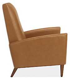 Side view of Arlo Curved-Arm Recliner in Lecco Leather with Wood Base.