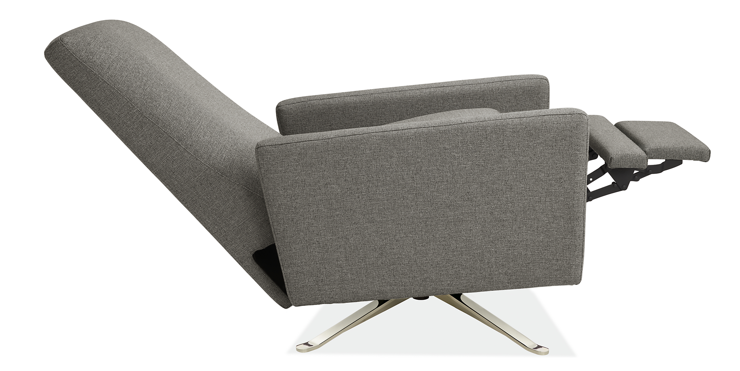 Open side view of Arlo Thin-Arm Recliner in Tatum Fabric with Metal Swivel Base.