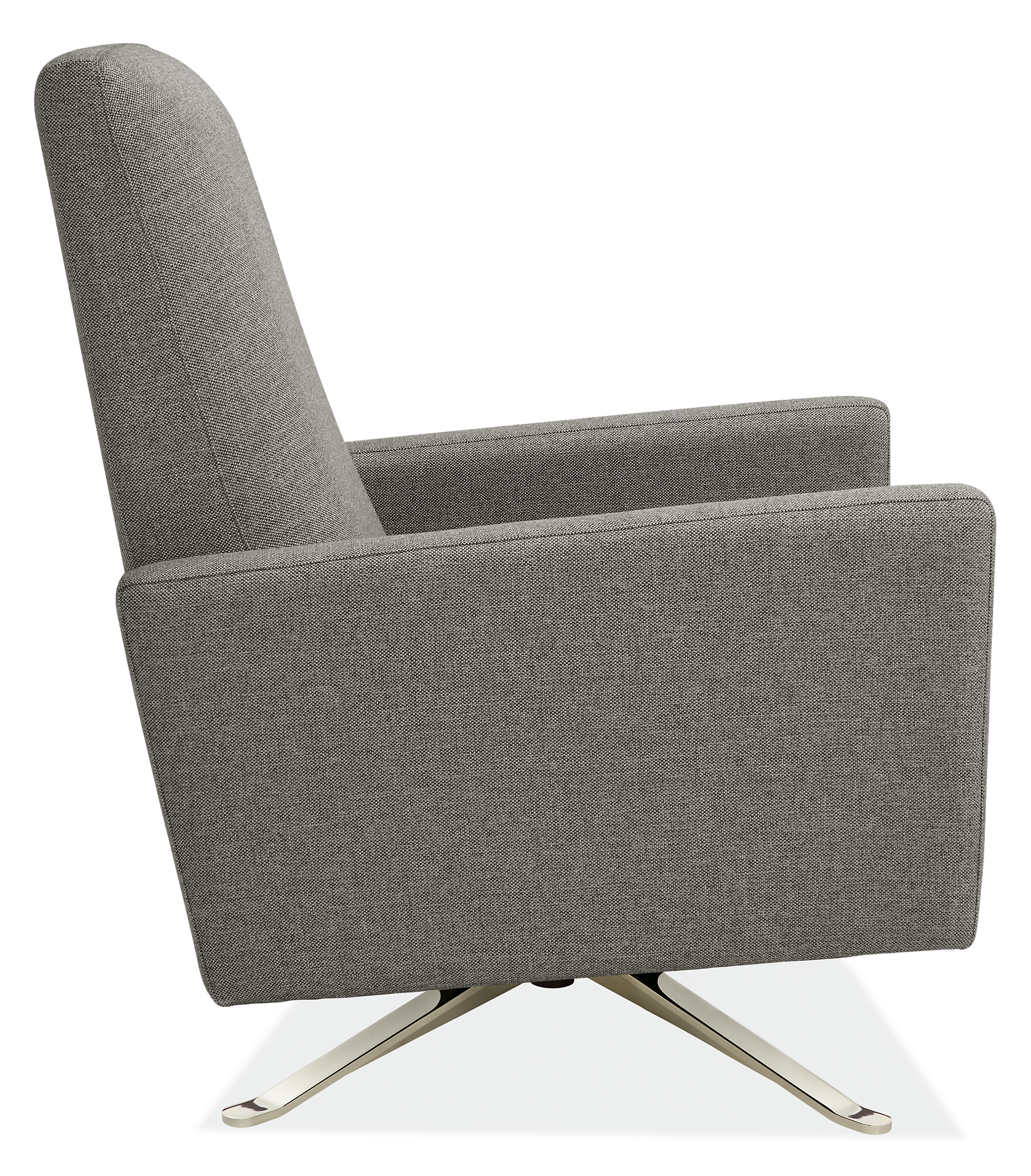 Side view of Arlo Thin-Arm Recliner in Tatum Fabric with Metal Base.