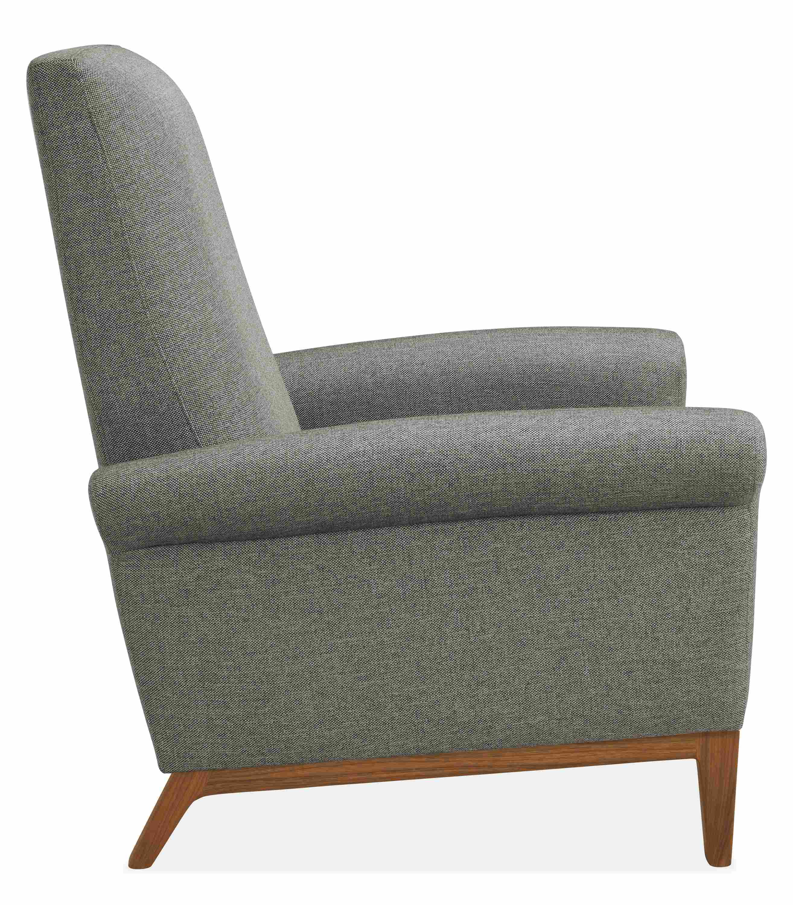Side view of Arlo Select Recliner Rolled-Arm in Tatum Fabric with Wood Base.