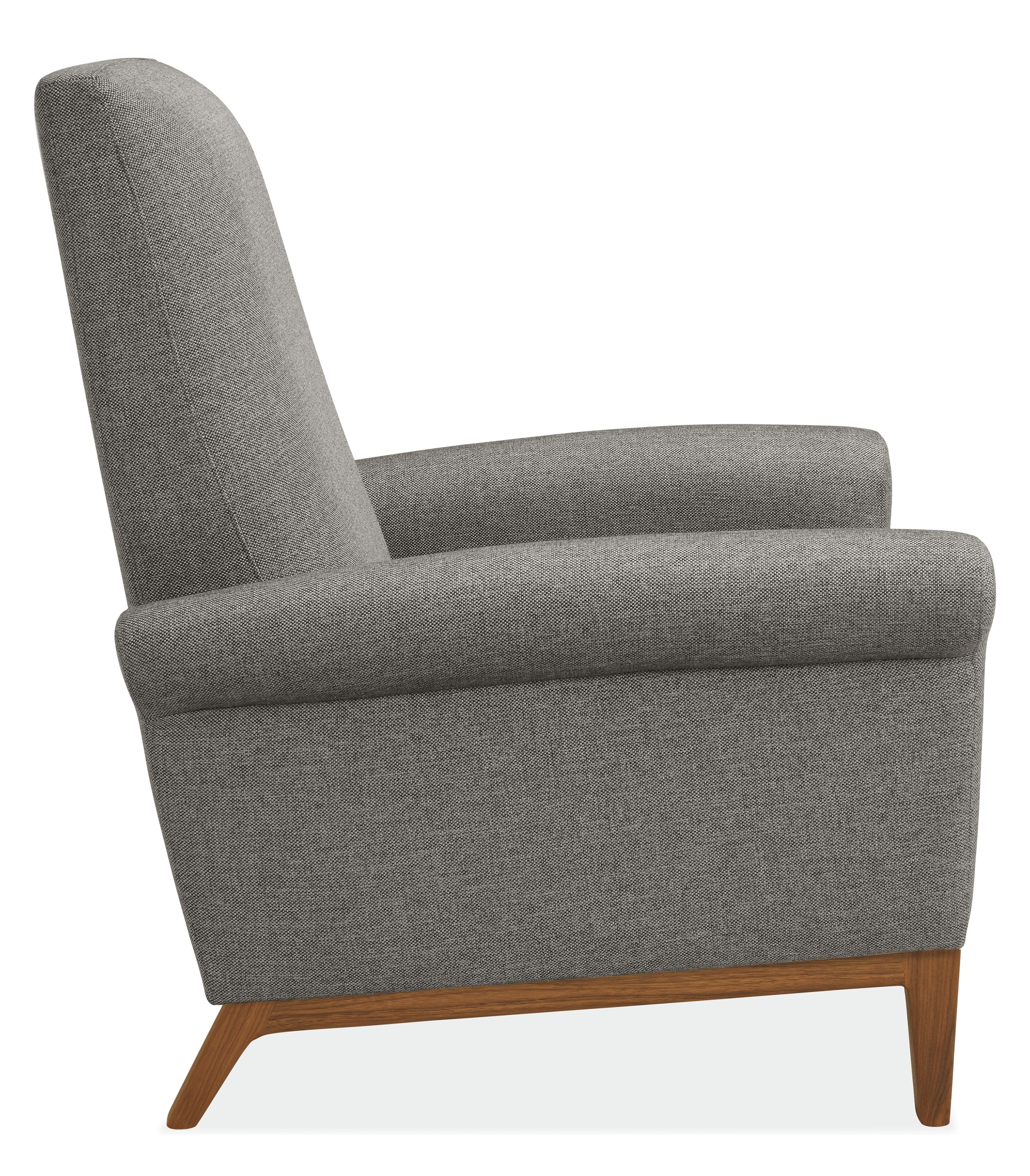 Side view of Arlo Select Recliner Rolled-Arm in Tatum Fabric with Wood Base.