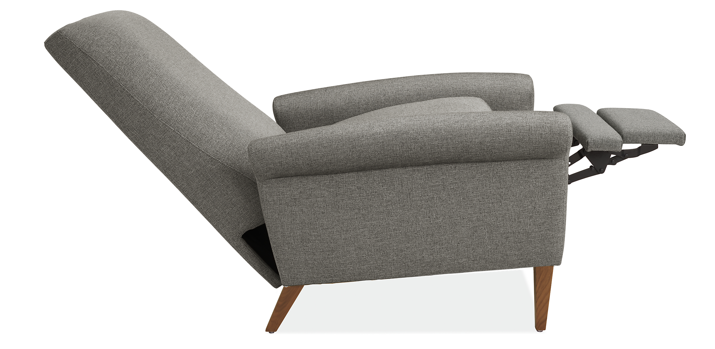 Open side view of Arlo Rolled-Arm Recliner in Tatum Fabric with wood legs in walnut.