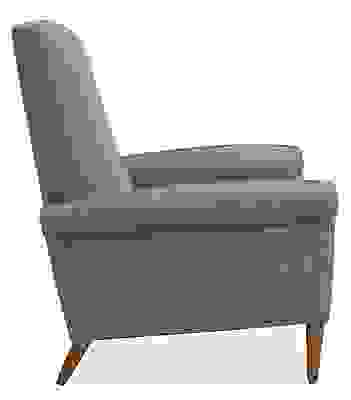 Side view of Arlo Select Recliner Rolled-Arm in Tatum Fabric with Wood Base.