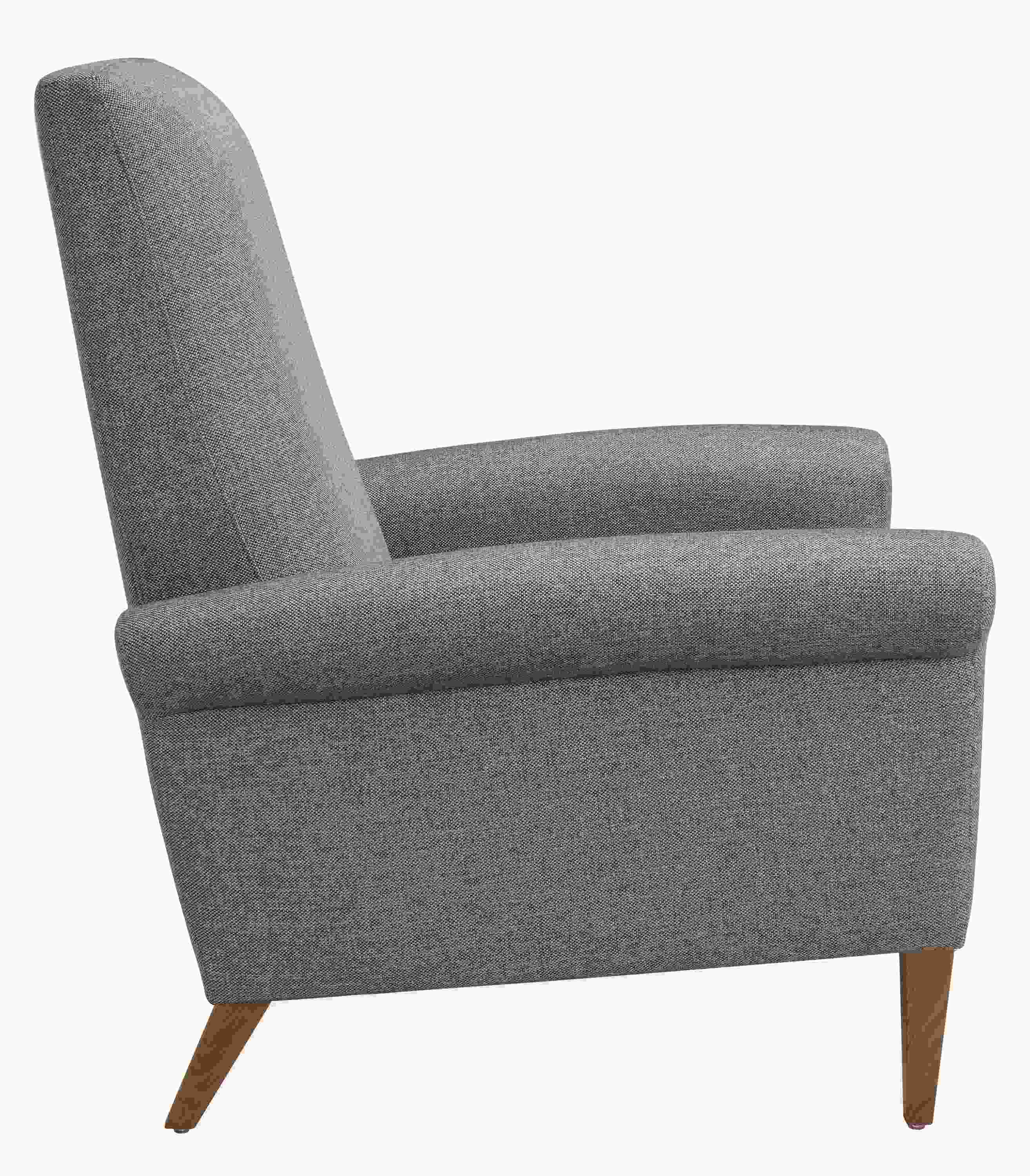 Side view of Arlo Select Recliner Rolled-Arm in Tatum Fabric with Wood Base.
