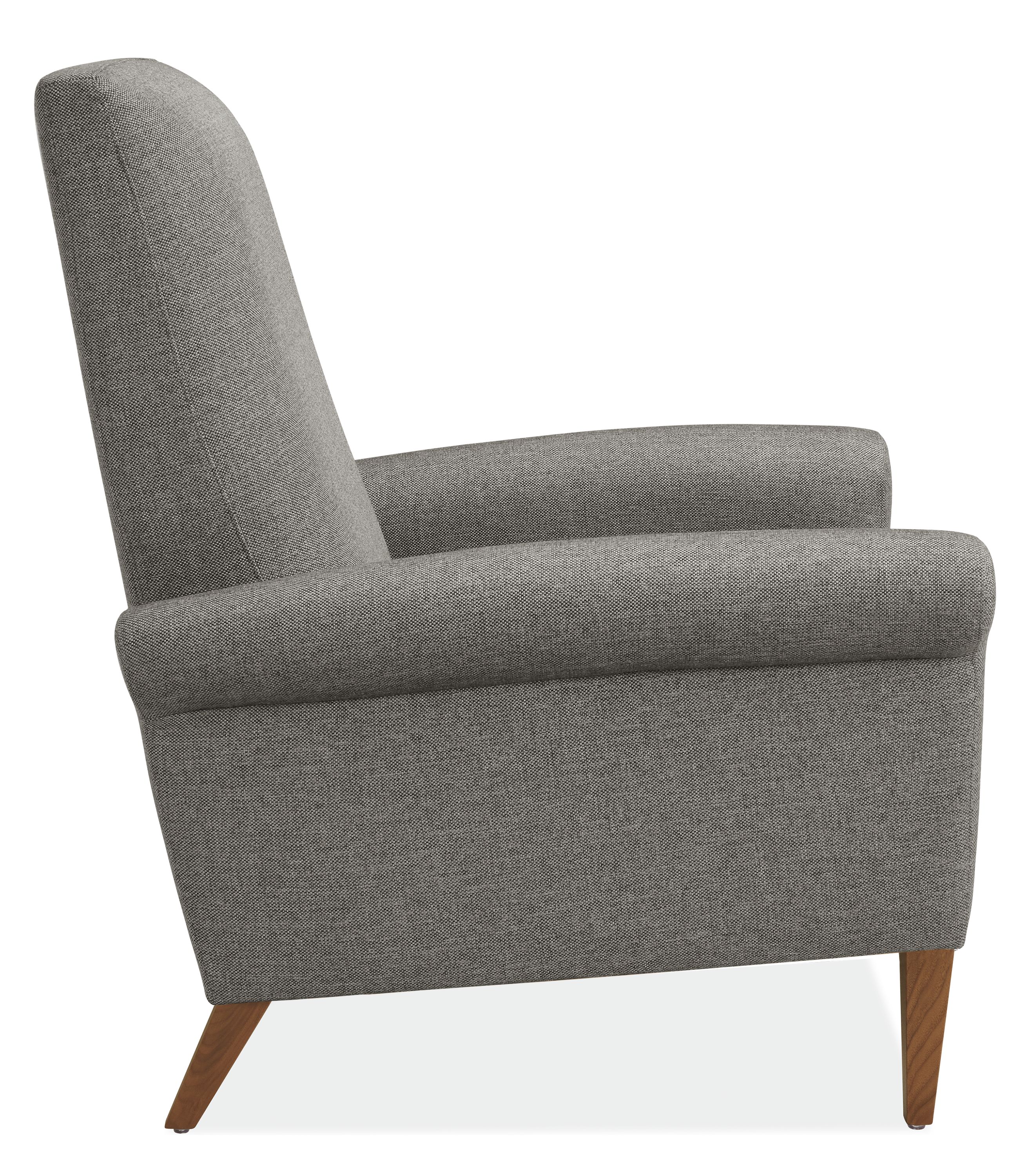 Side view of Arlo Select Recliner Rolled-Arm in Tatum Fabric with Wood Base.
