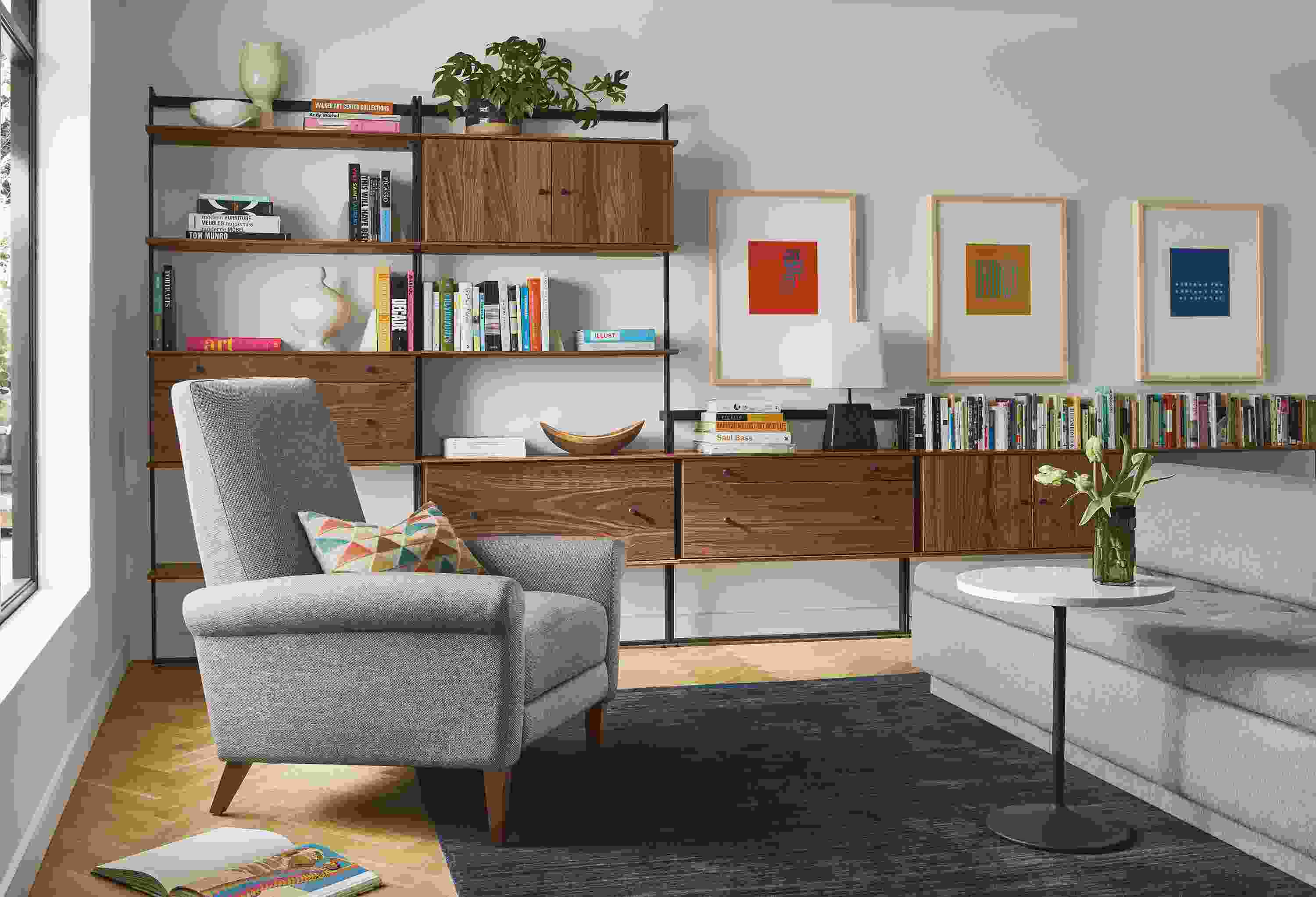 Living room with Arlo recliner, Beam bookcase wall unit, Miranda sectional.